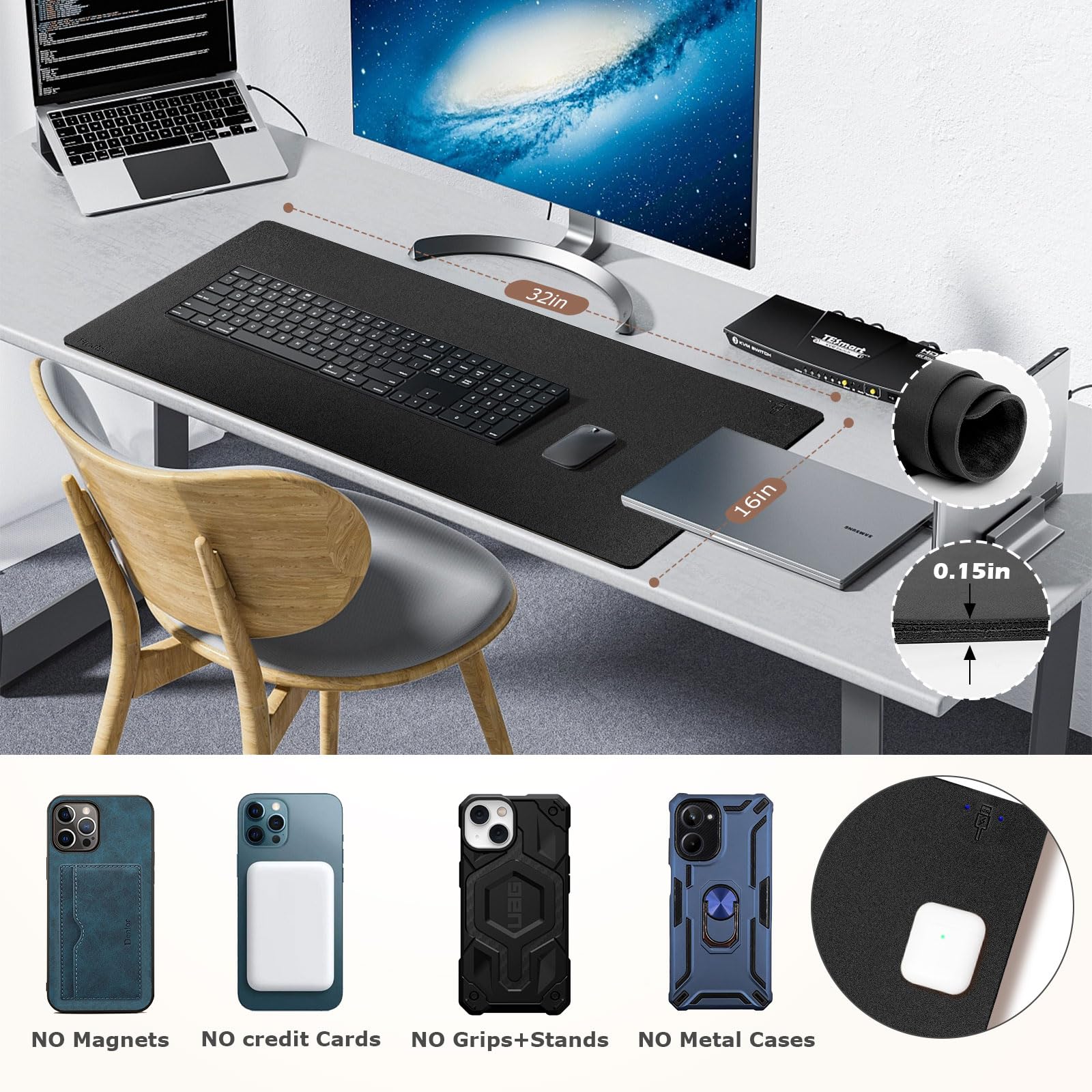 Firelison 2-in-1 Wireless Charging Mouse Pad - Premium Leather Desk Mat with Non-Slip Rubber Base, Waterproof Office Accessory for Computer, Work & Home Decor (32