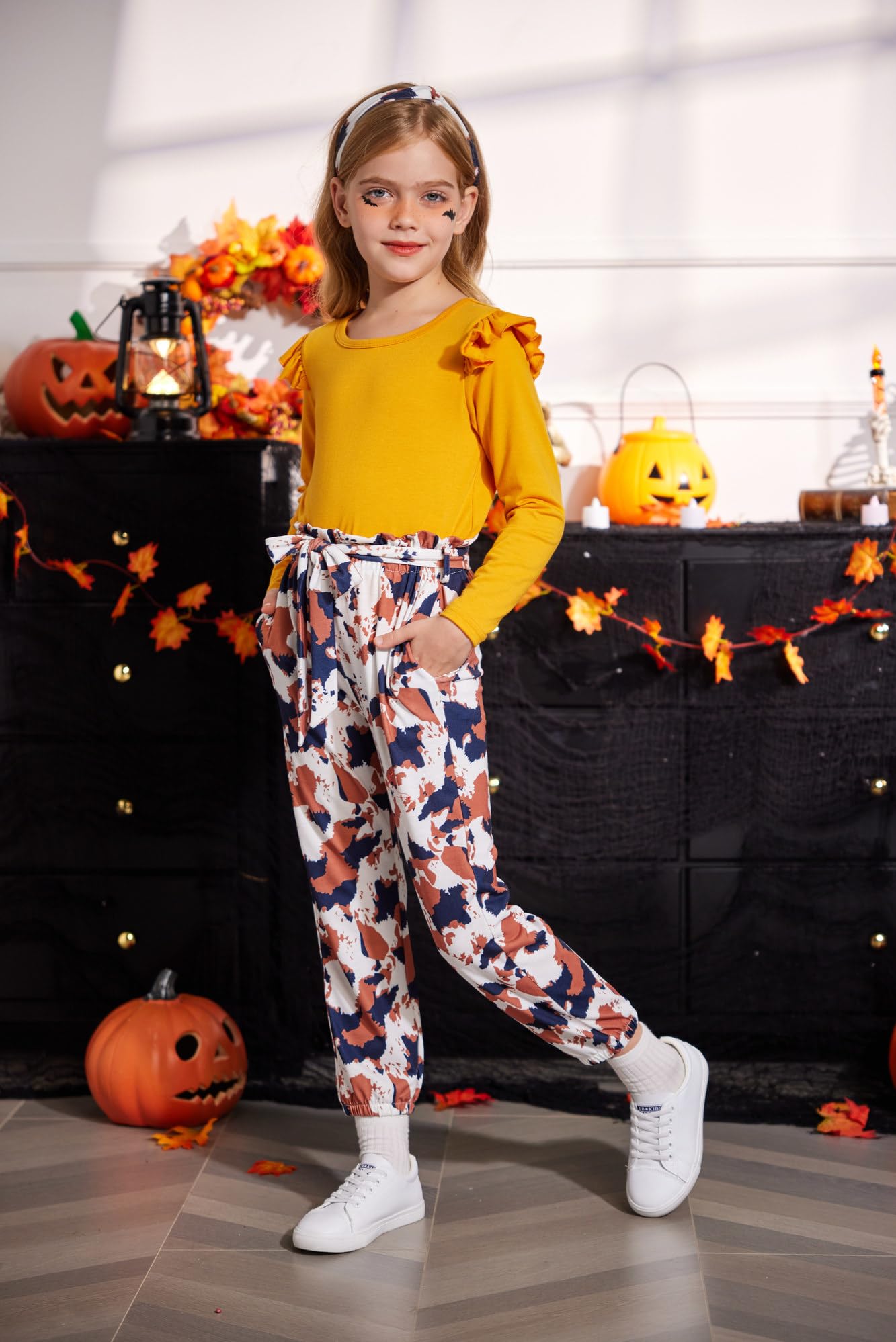 Arshiner Toddler Girl Fall Outfits - Ruffle Tops & Floral Pants Set with Headband, Kids Joggers Outfit 3T-12Y - Perfect for Playdates, Preschool & Family Photos