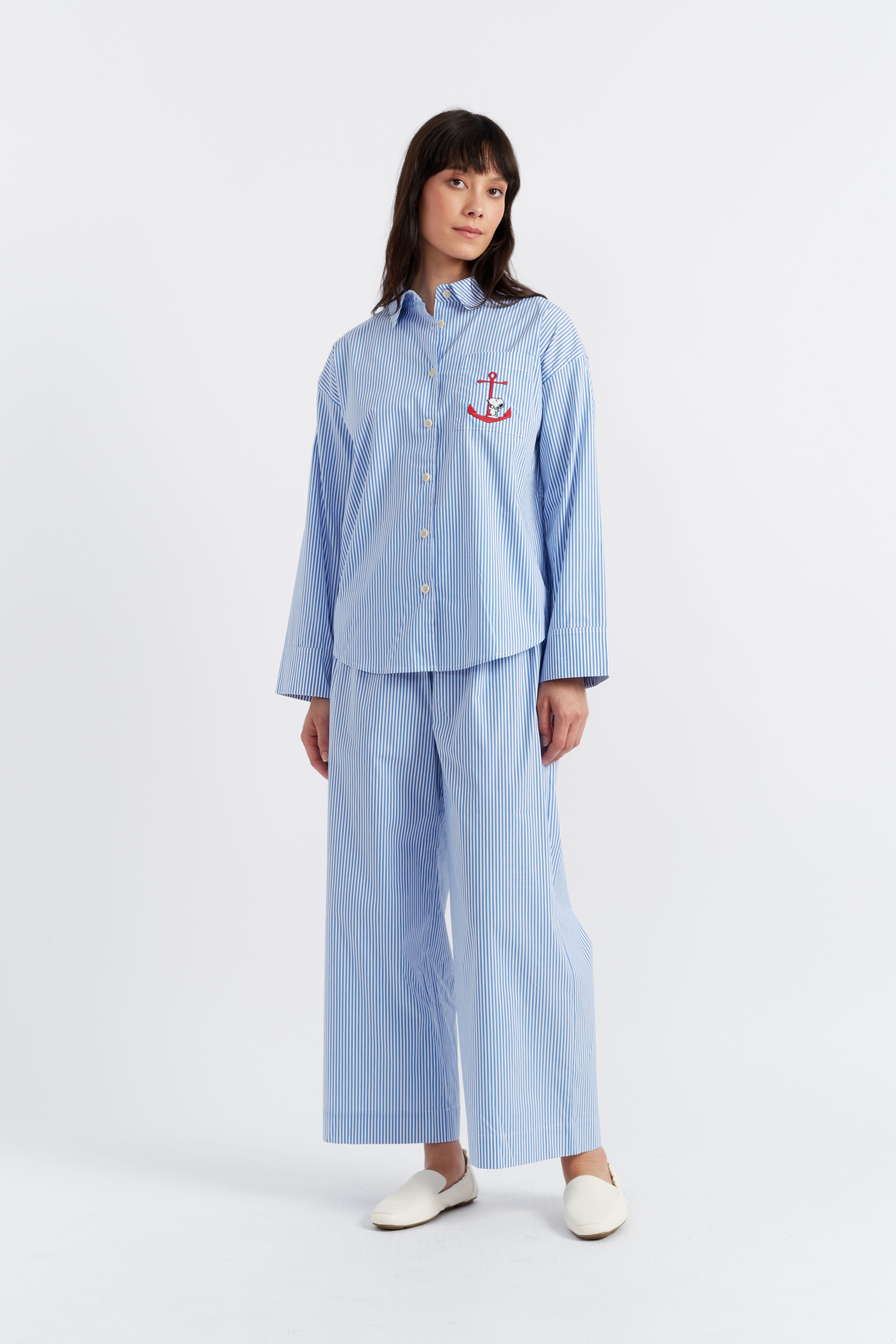 Blue Cotton Snoopy Anchor Matching Set - Cute Cartoon Print Outfit for Women - Perfect for Casual Wear, Beach Vacation & Summer Outings