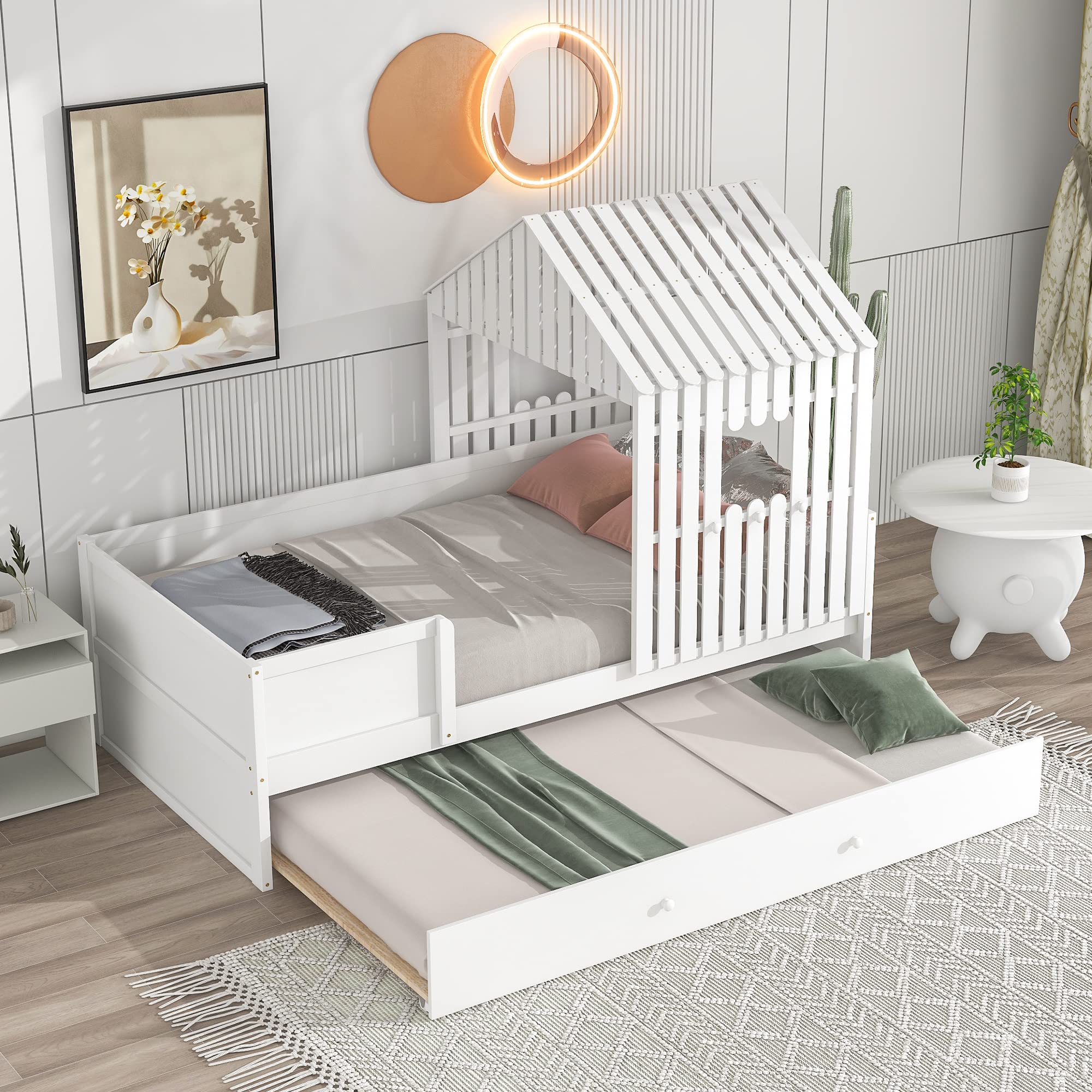 Polibi White Twin Size Wooden Loft House Bed with Trundle, Window, Roof & Guardrail - Space-Saving Kids Bedroom Furniture for Small Rooms & Dorm Decor