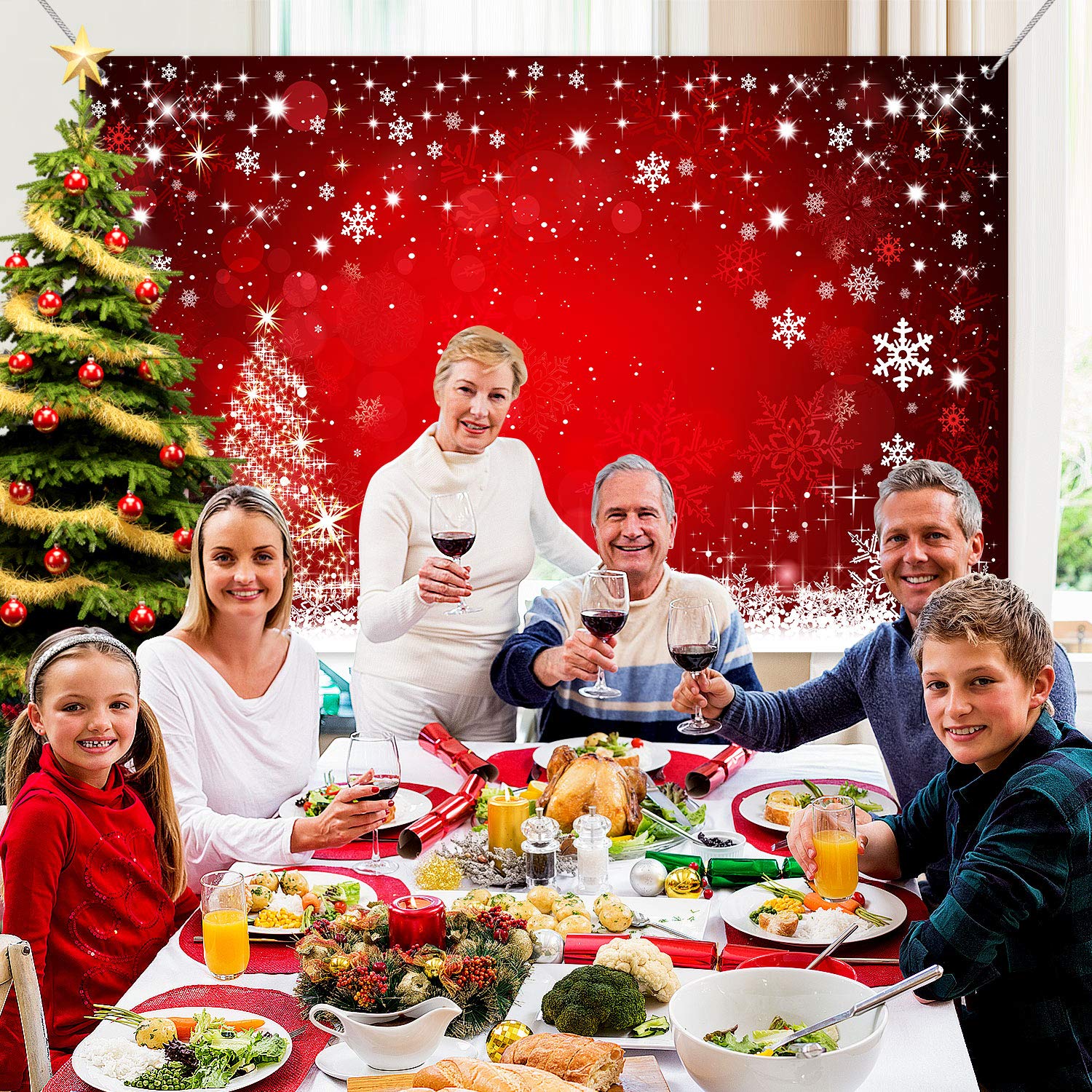 Blulu 6x3.6ft Christmas Photo Backdrop - Red Winter Snowflake Tree Fabric Background for Xmas Party Decor, Photography & Photo Booth Props | Perfect for Holiday Parties, Family Photos & Social Media Content