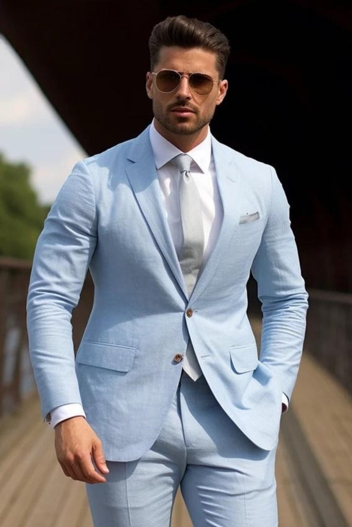 Men's Light Blue 5 Piece Suit Set - Formal Wedding Tuxedo & Business Attire for Prom, Groom, Office & Special Occasions (No Vest Included)