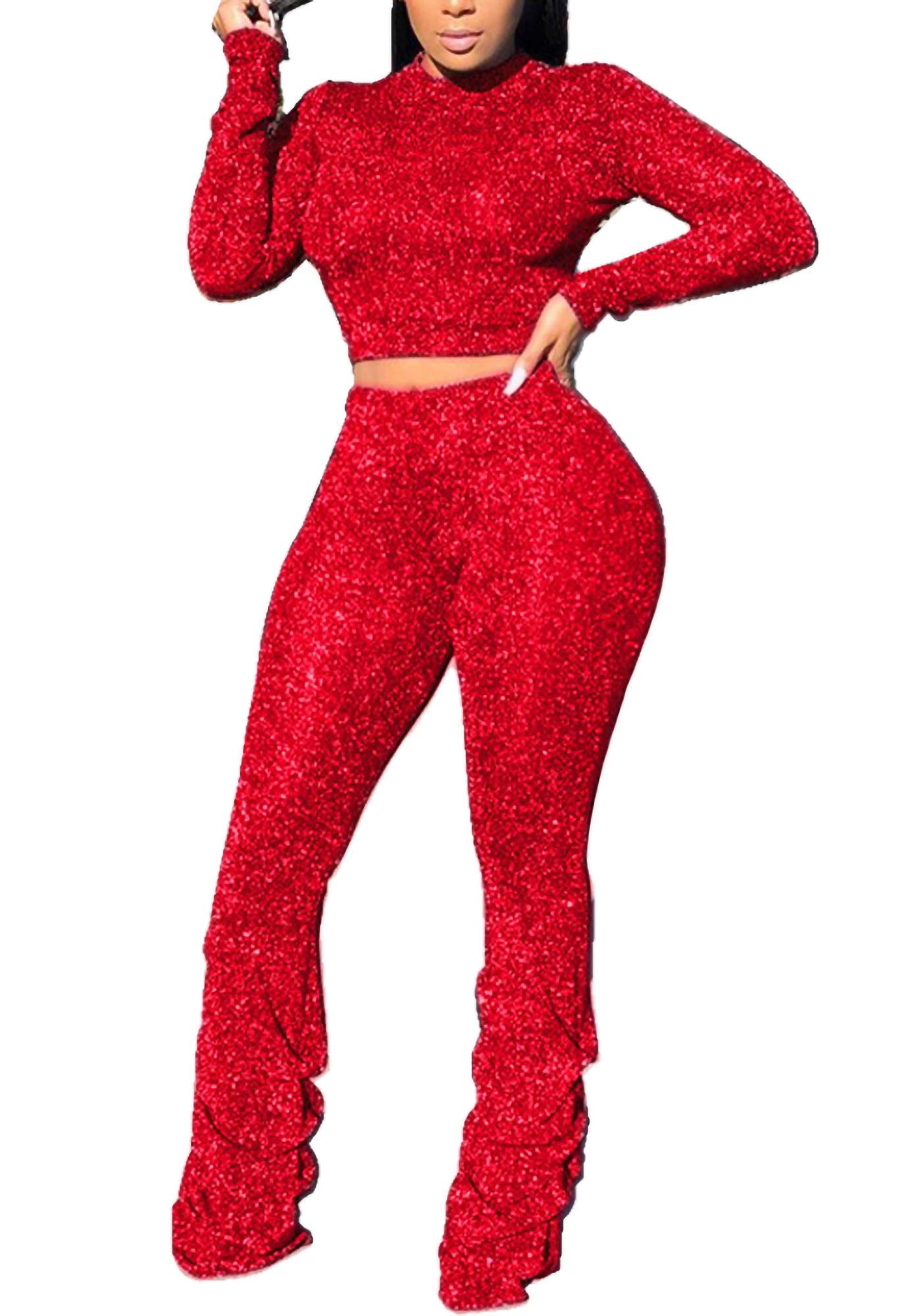 Sparkly Sequin Two Piece Outfit for Women - Sexy Crop Top & High Waist Long Pants Tracksuit Set | Lounge Wear, Party Outfit, Nightclub Fashion