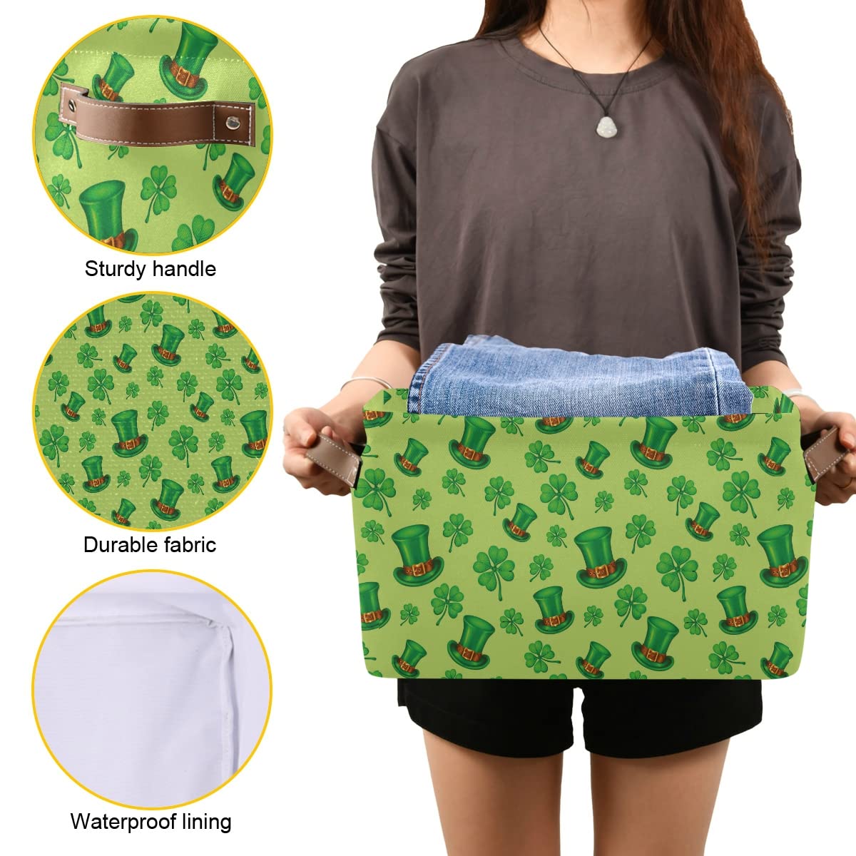 Saint Patrick's Day Clover Rectangle Storage Basket - Collapsible Waterproof Storage Bin for Nursery Toys, Books & Home Organization | Perfect for Closet Shelves, Bedroom Decor & Holiday Party Decorations