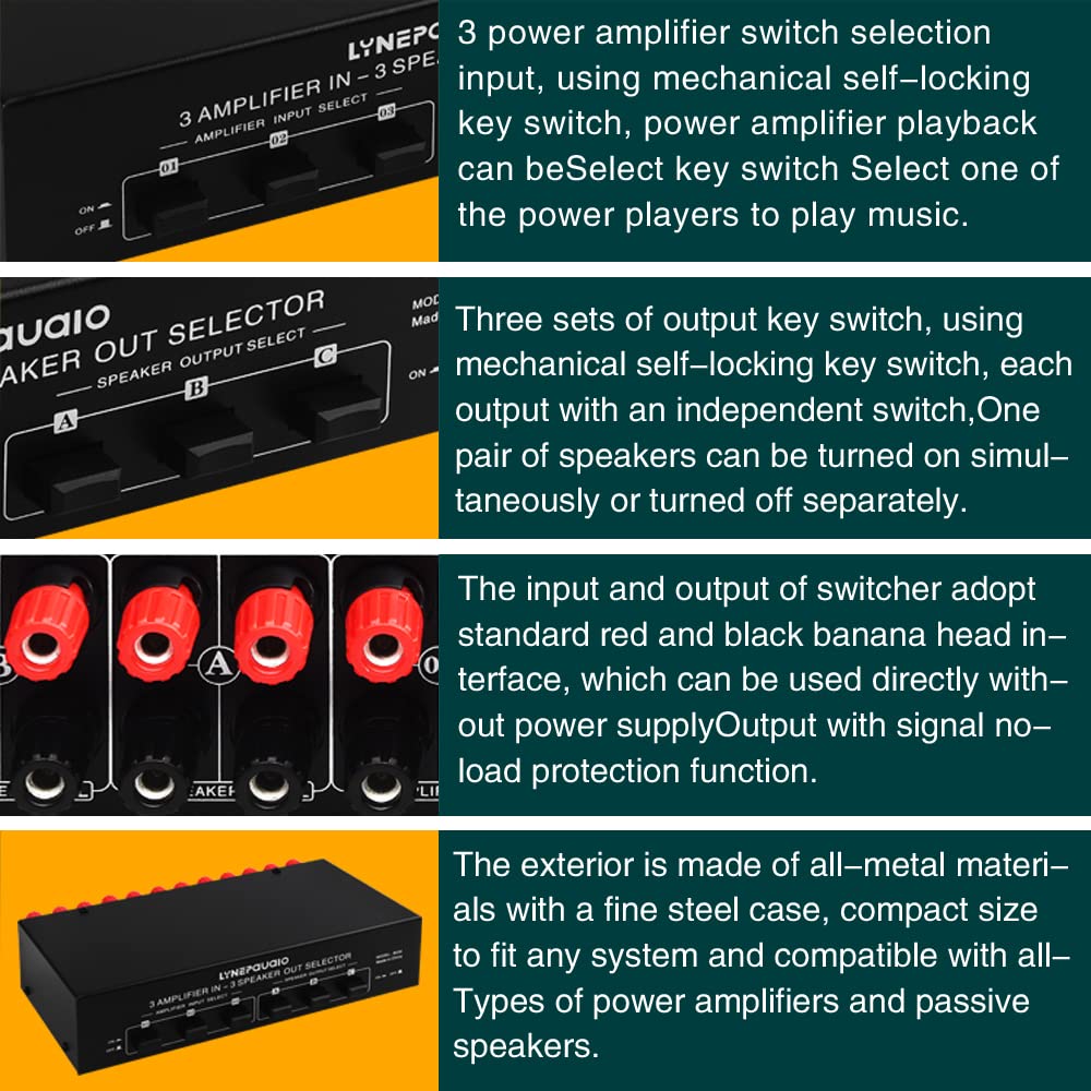 3 Input 3 Output 300W Power Amplifier Speaker Switcher - High-Quality Audio Splitter & Comparator for Home Theater, Studio, and Multi-Room Sound Systems