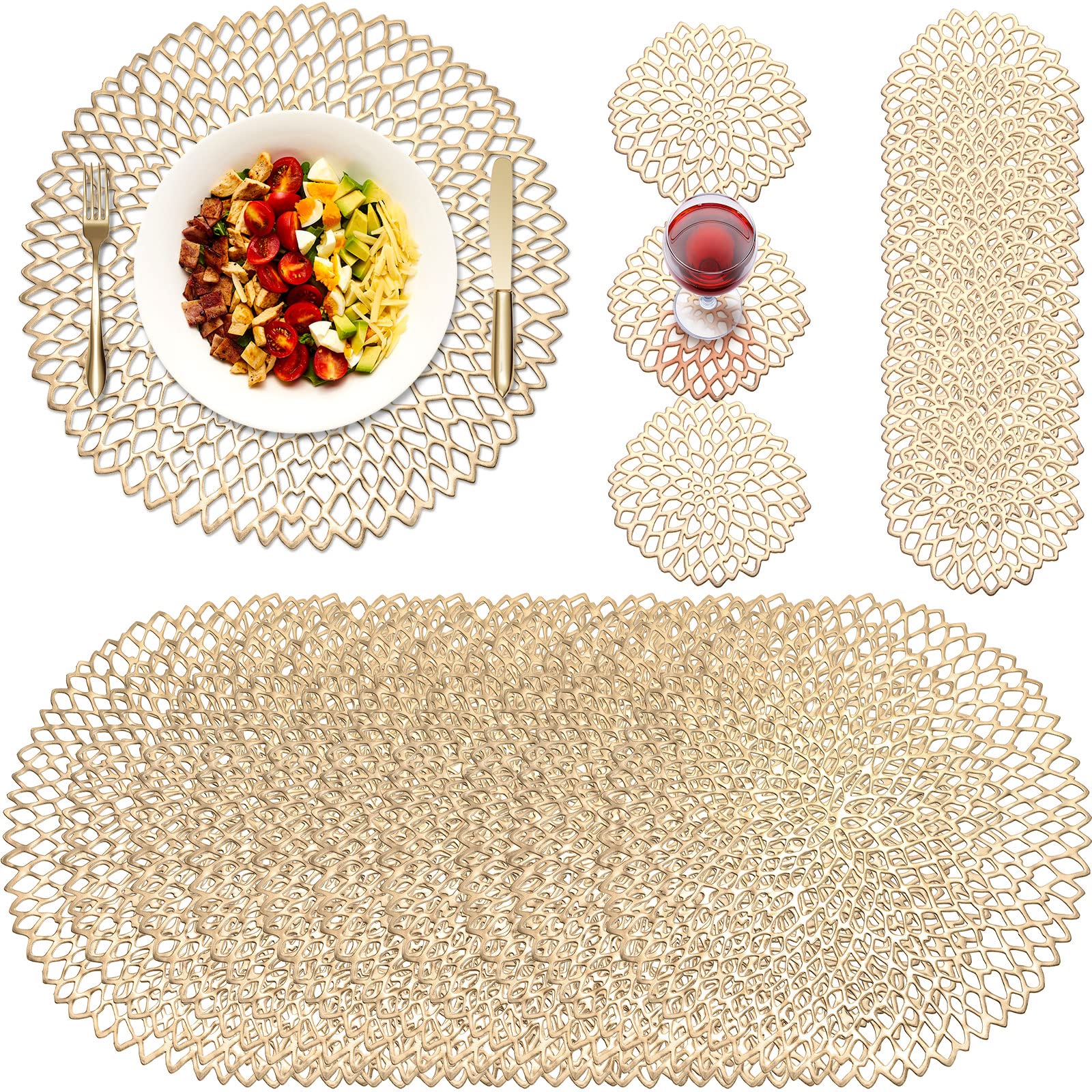 Gold Round Pressed Vinyl Placemats and Coasters Set - 24 Pcs Metallic Table Mats for Wedding, Dinner Party, and Home Decor - Elegant Hollow Design for Formal Dining and Holiday Entertaining