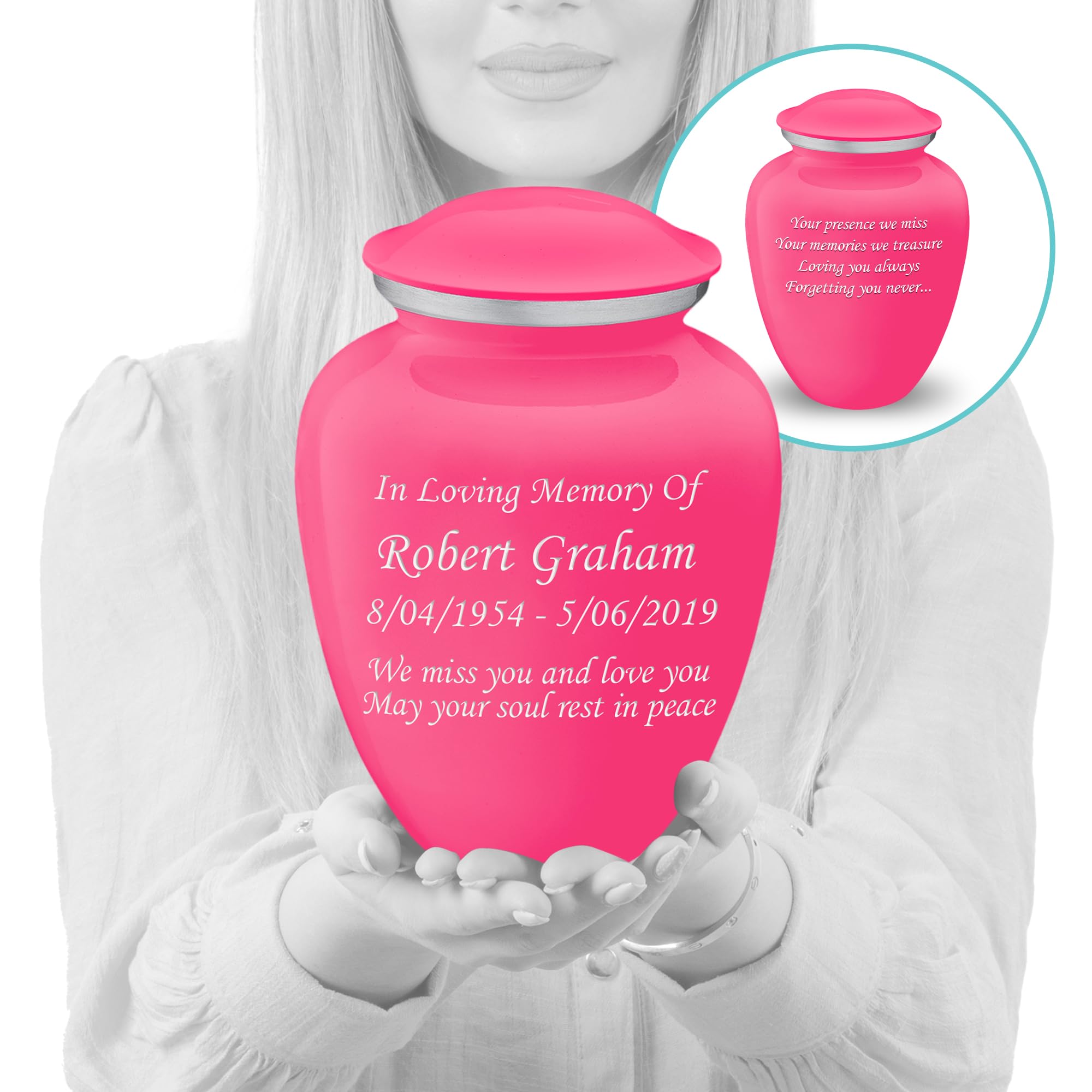 Personalized Cremation Urns for Human Ashes - Large Bright Pink Funeral Urn for Adults with Double Side Engraving (Holds 200 lbs) - Perfect for Memorial Services, Home Display & Honoring Loved Ones