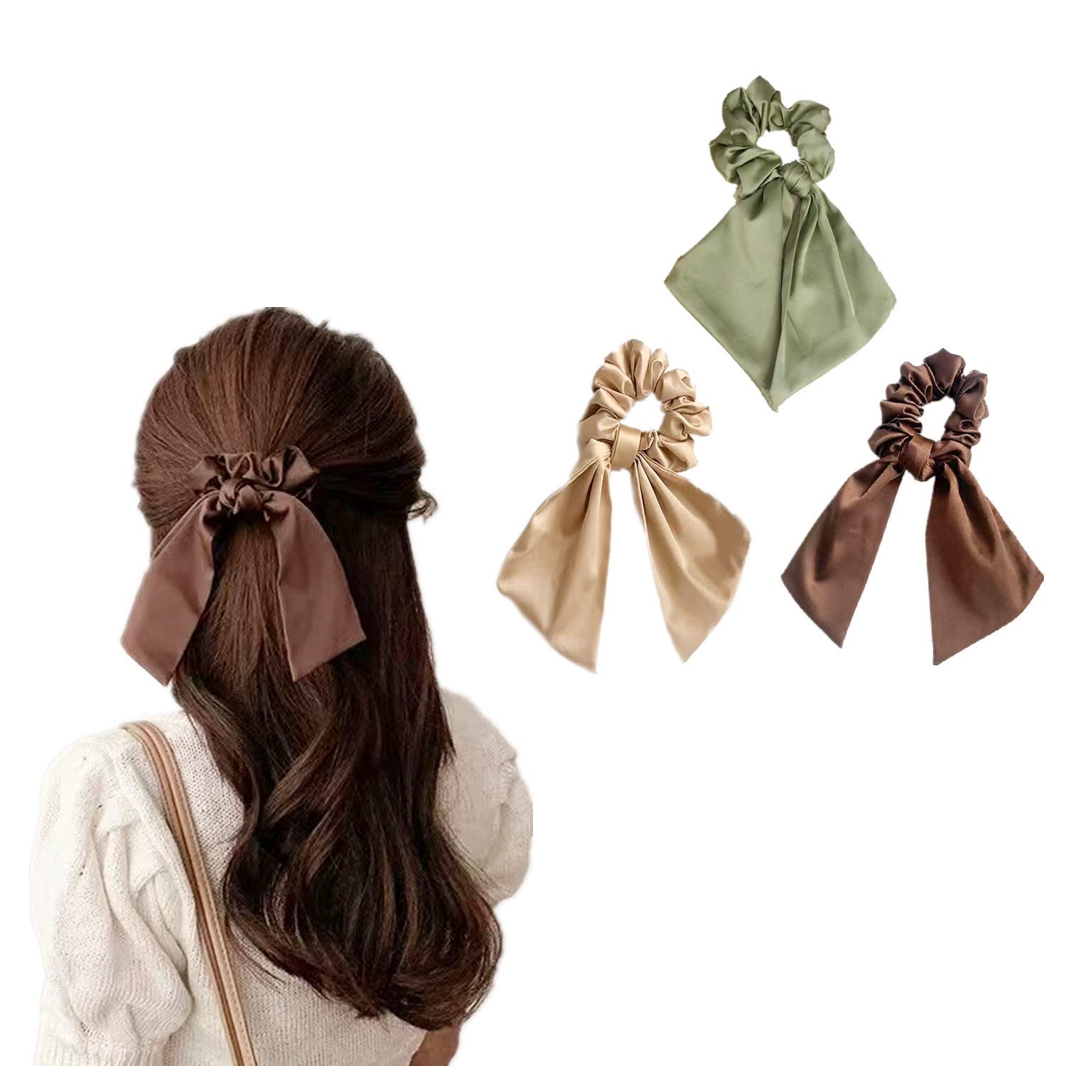 Olive Green Hair Scrunchies 3-Pack - Women's Elastic Hair Bands for Ponytails & Styling
