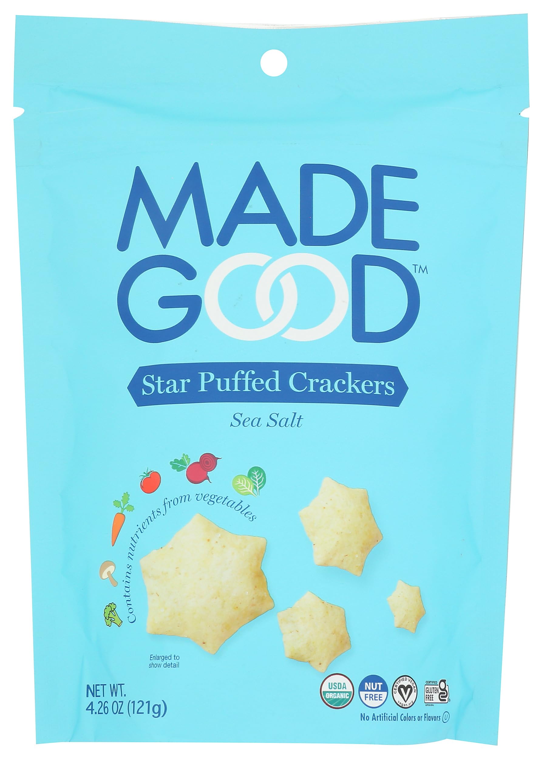 Organic MadeGood Sea Salt Star Puffed Crackers - 4.26oz Pouch, Gluten Free Healthy Snacks for Kids & Adults - Perfect for School Lunches, Road Trips & On-the-Go Snacking