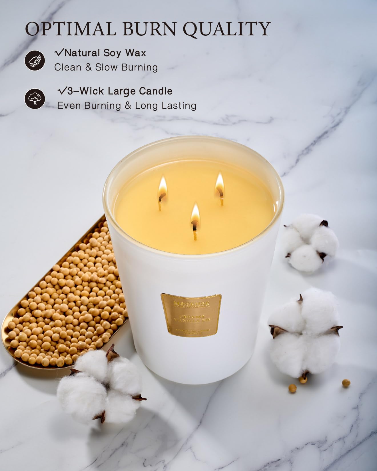 M&SENSE Extra Large 3-Wick Scented Candle - 35oz Creamy Vanilla Soy Wax Candle (150H Burn Time) | Aromatherapy Stress Relief, Home Fragrance & Housewarming Gift | Perfect for Living Room, Bedroom, Bathroom & Office Decor