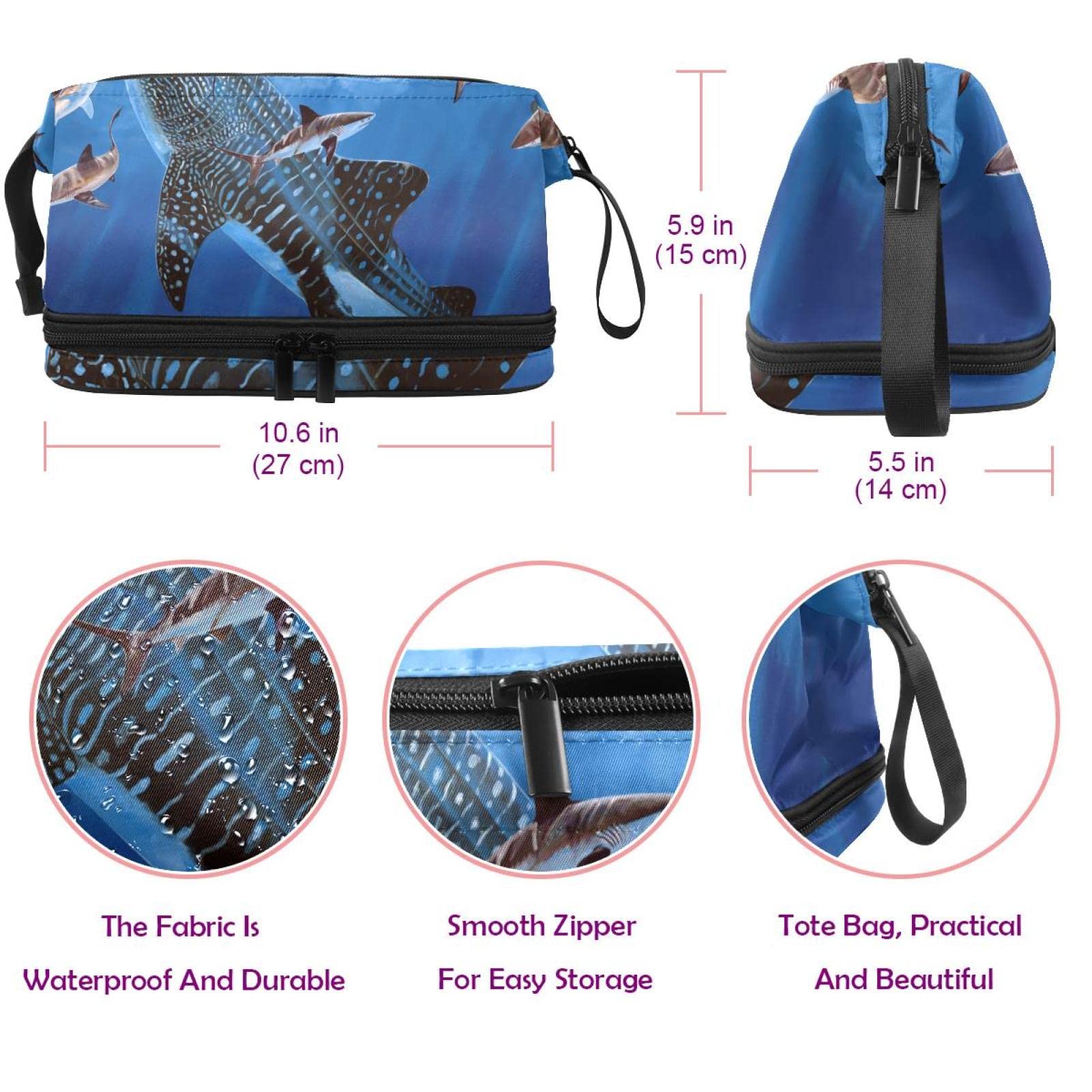 Large Travel Cosmetic Bag for Women - Waterproof Makeup Organizer with Ocean Shark Design, Perfect Toiletry Bag for Vacation, Gym & Daily Use