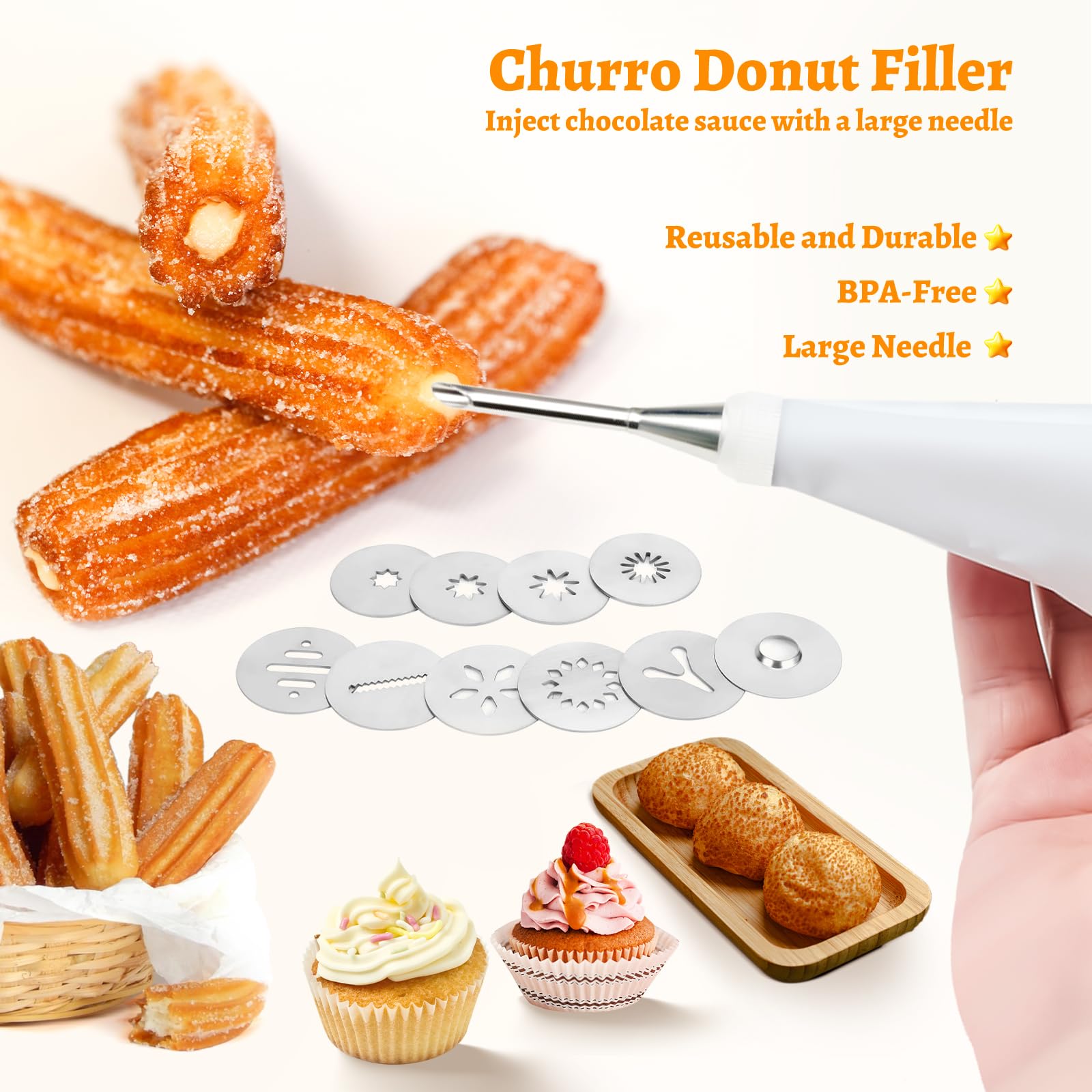 Stainless Steel Churro Maker Kit with 4 Hollow Churro Discs, 5 Cookie Discs & 6 Icing Nozzles - Includes Piping Bags, 2 Cleaning Brushes & Cookie Press for Donuts - Perfect for Home Baking, Parties & Dessert Making