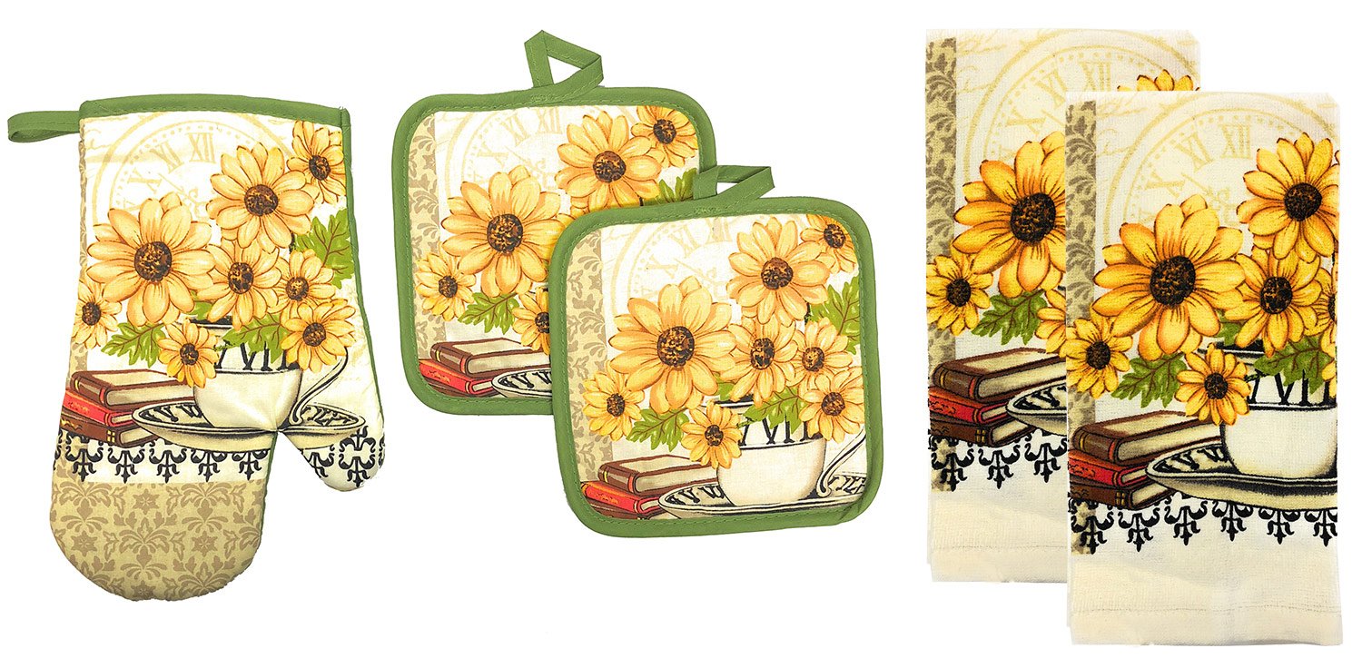 Premium 5-Piece Kitchen Linen Set - 1 Oven Mitt, 2 Pot Holders & 2 Absorbent Towels - Daisy Bouquet Pattern - Perfect Gift for Home Cooks - Ideal for Baking, Cooking & Kitchen Decor