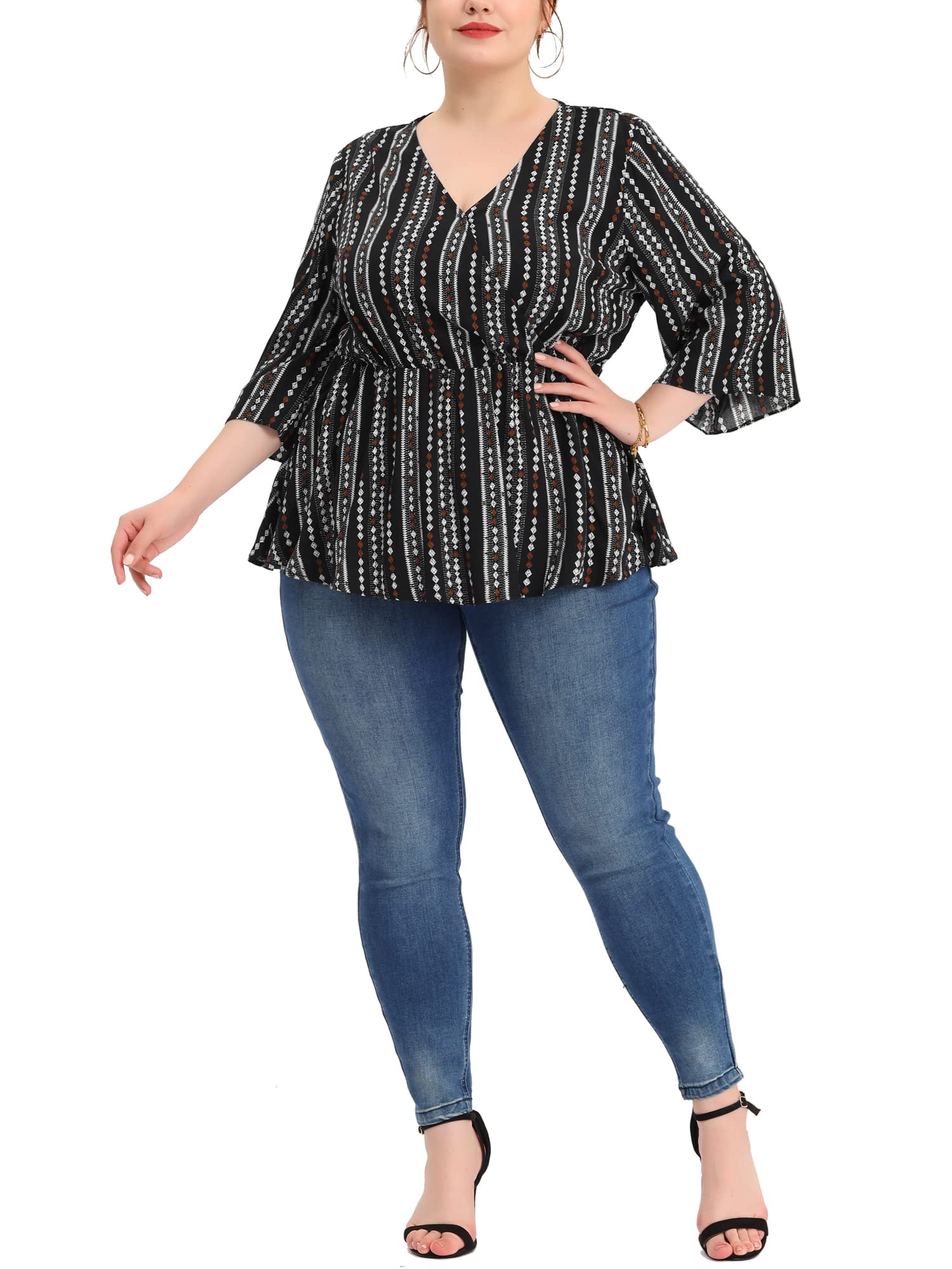 Agnes Orinda Plus Size Boho V-Neck Striped Peplum Blouse for Women - Stylish Work Tops & Casual Wear 2024 | Perfect for Office, Date Night & Weekend Outfits