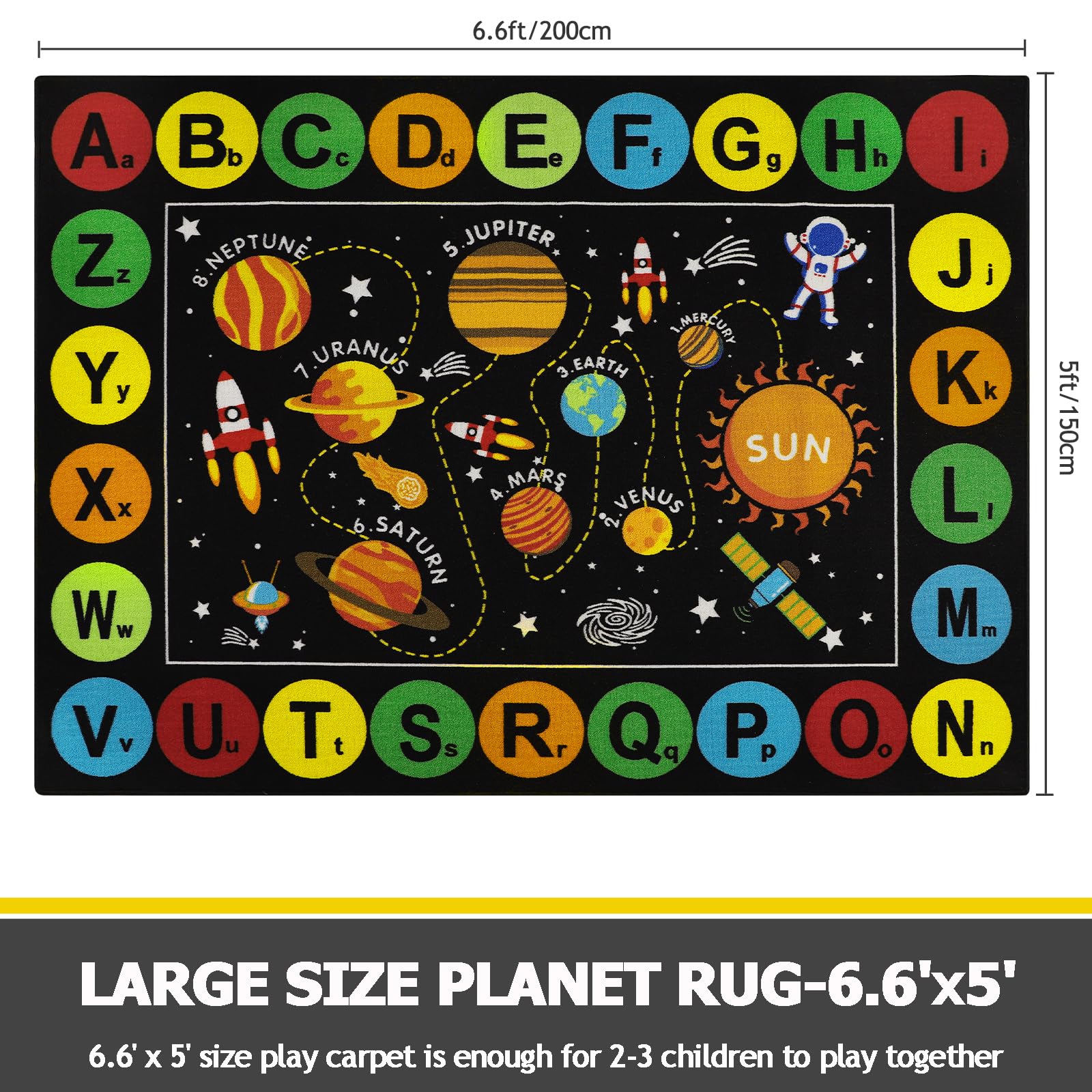 Outer Space Kids Play Mat - Non-Slip ABC Alphabet Rug for Toddlers | Nursery Decor for Bedroom & Playroom