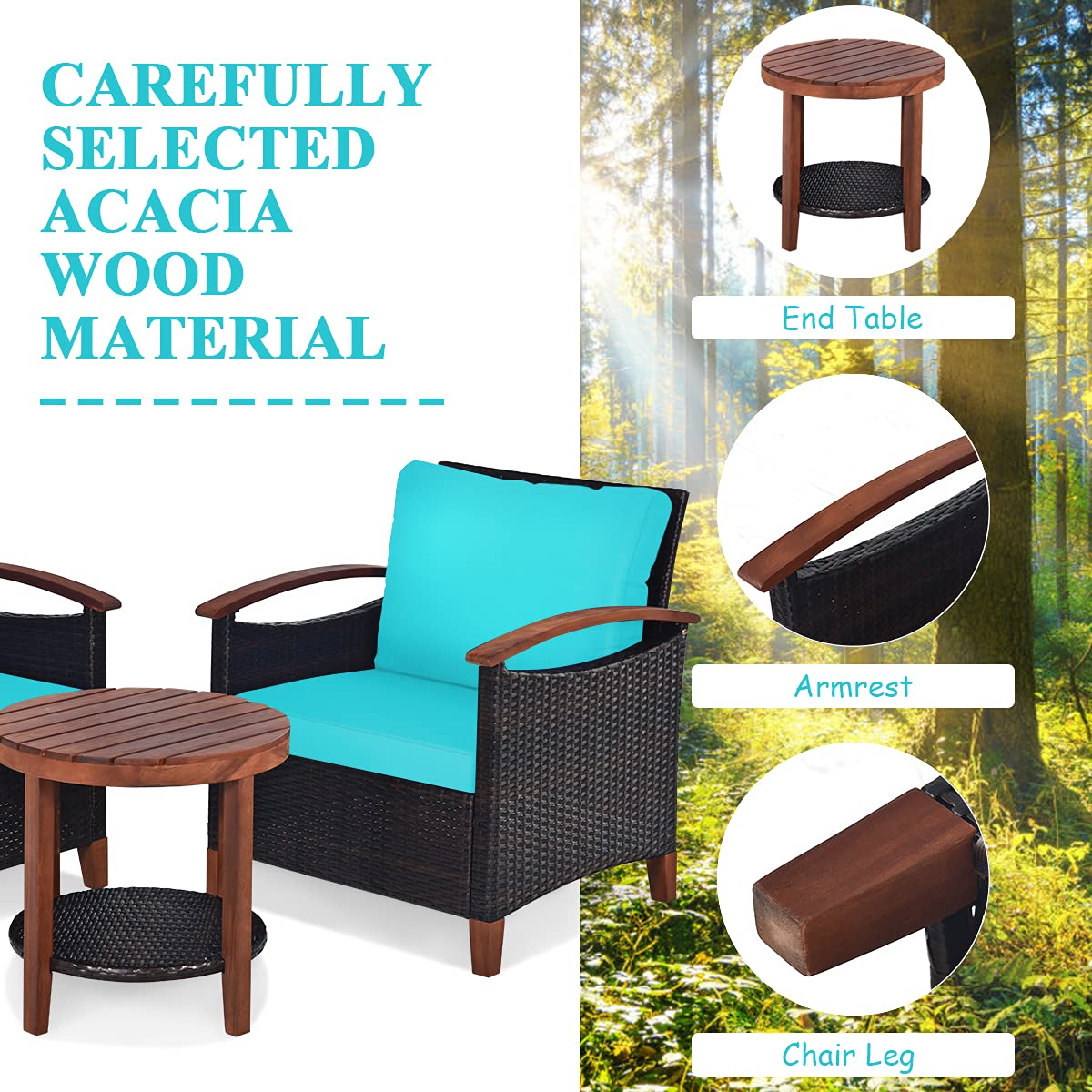 3-Piece Outdoor Patio Furniture Set - Rattan Sofa with Washable Cushions & Acacia Wood Coffee Table - Weather-Resistant Wicker Conversation Set for Garden, Poolside, Balcony (Turquoise) - Perfect for Relaxing, Entertaining & Outdoor Lounging