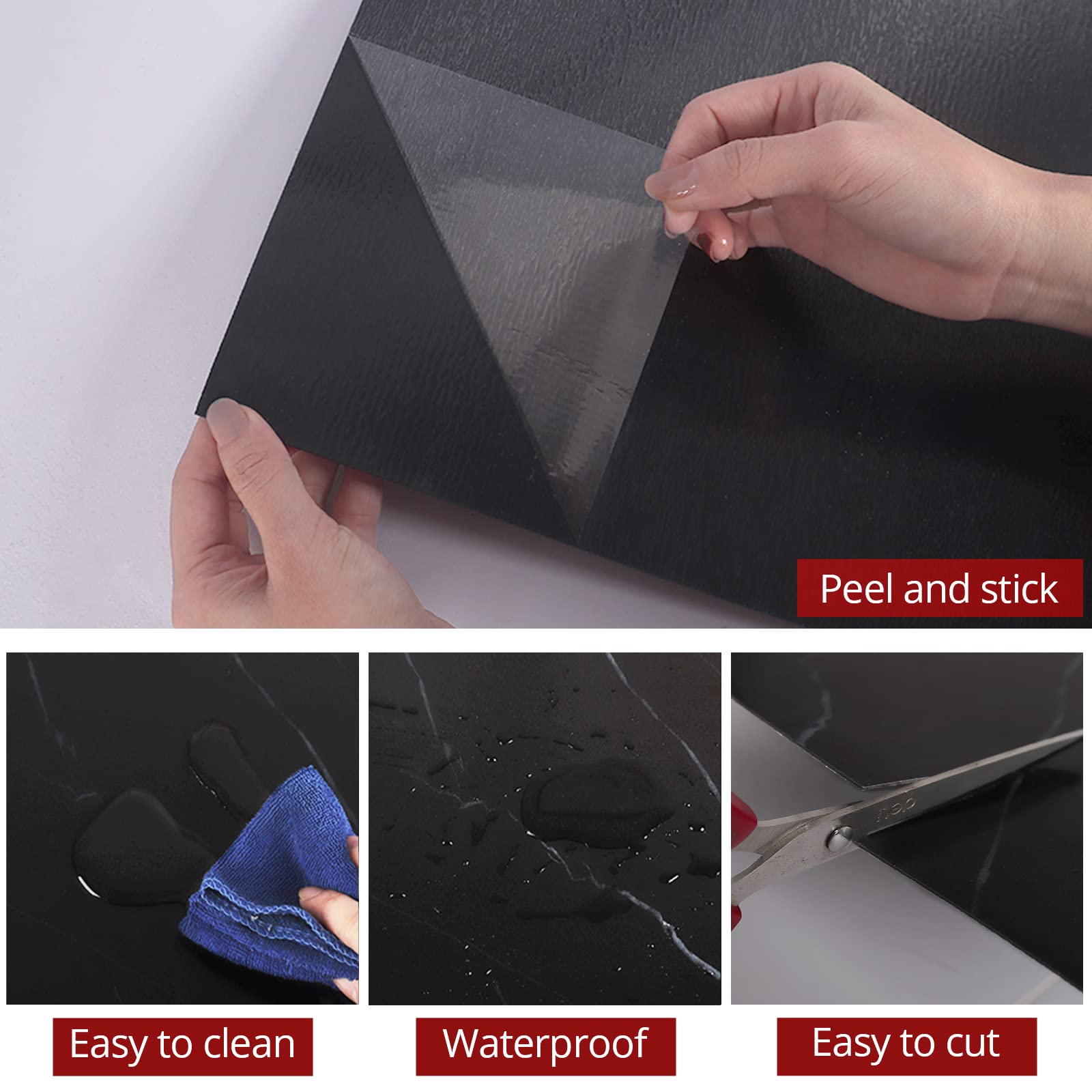 Premium Black Marble Peel and Stick Vinyl Floor Tiles - 12