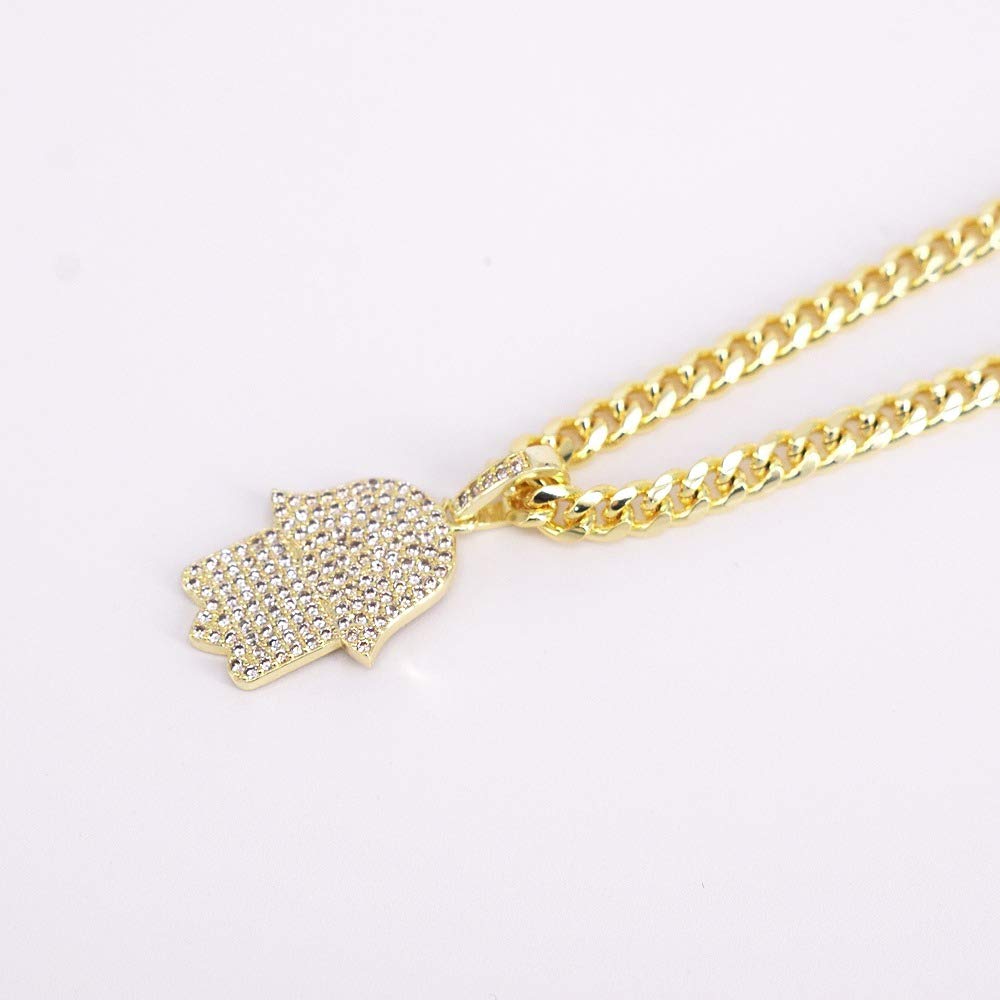 18K Gold Plated Cuban Link Chain & Iced Out Hamsa Evil Eye Charm Set - Hip Hop Jewelry for Men | Gift for Birthday, Anniversary & Special Occasions | Perfect for Streetwear, Rap Culture & Fashion Accessories
