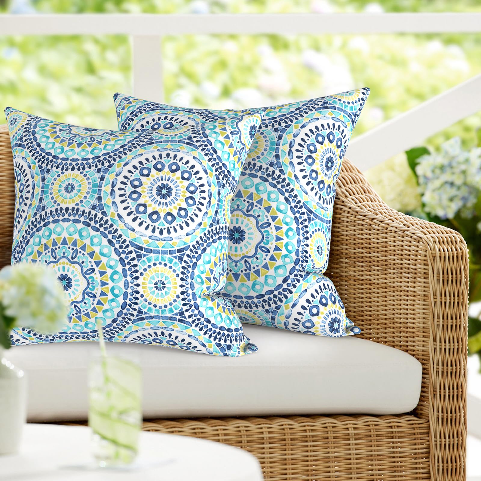 2 Pack Waterproof Outdoor Pillows 18x18 Inch - Square Decorative Throw Pillows for Patio Furniture, Sofa, Bench - All-Weather Cushion Covers with Inserts - Perfect for Backyard, Poolside & Garden Decor (Delancey Lagoon)