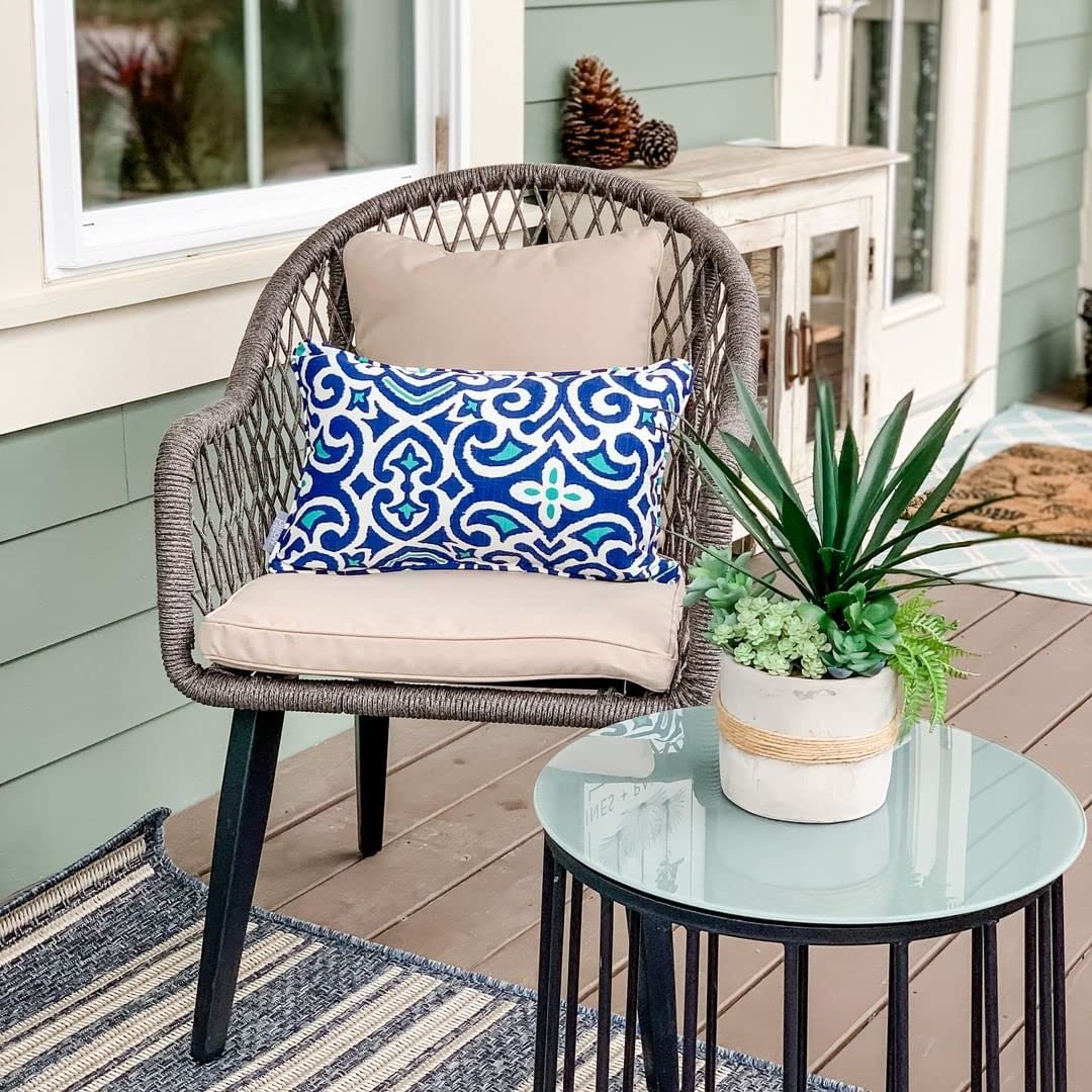 PHI VILLA 3-Piece Outdoor Patio Furniture Set - 2 Hand-Woven Olifin Rope Chairs with Cushions & 1 Tempered Glass Coffee Table - Grey Wicker Bistro Set with Beige Cushions for Backyard, Porch, Garden or Poolside Relaxation