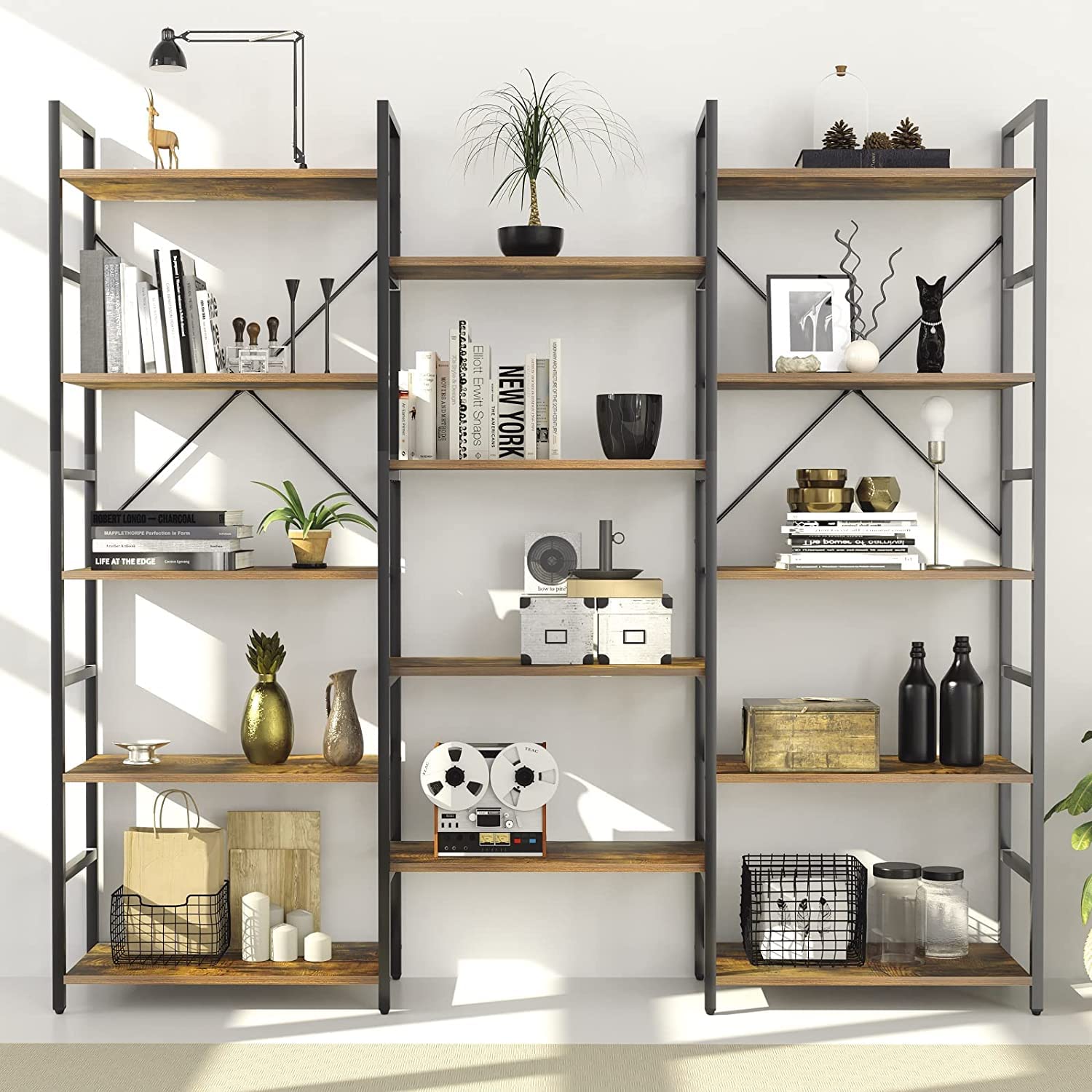 OneinMil 5-Tier Industrial Bookcase - Triple Wide Open Shelf with Wood & Metal Frame - Sturdy Bookshelf for Home Office, Living Room, Bedroom or Study - Perfect for Organizing Books, Decor & Storage Needs