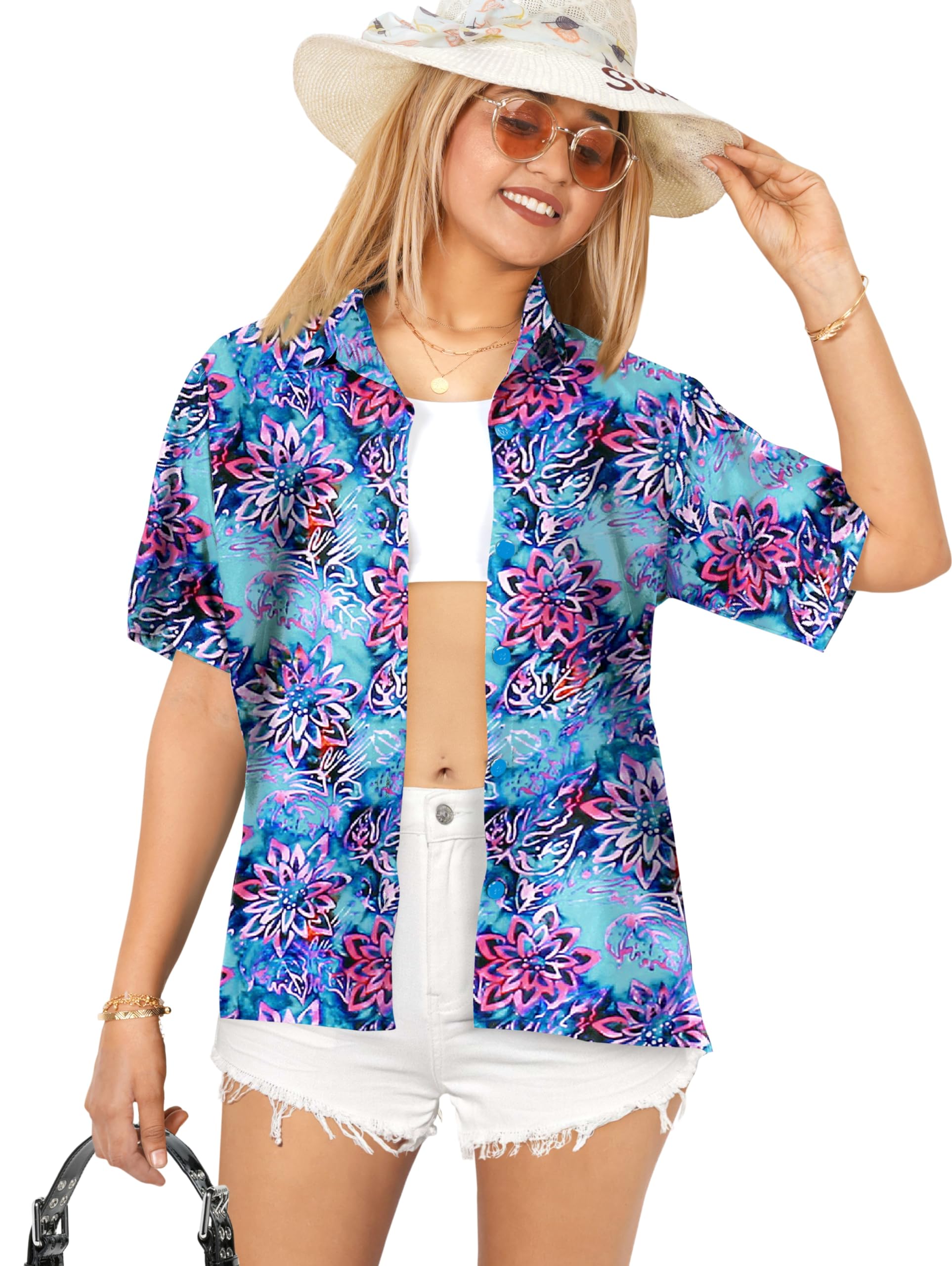 LA LEELA Women's Short Sleeve Hawaiian Shirt - Tropical Floral Print Beach Blouse for Summer Vacation, Pool Party & Casual Outfit