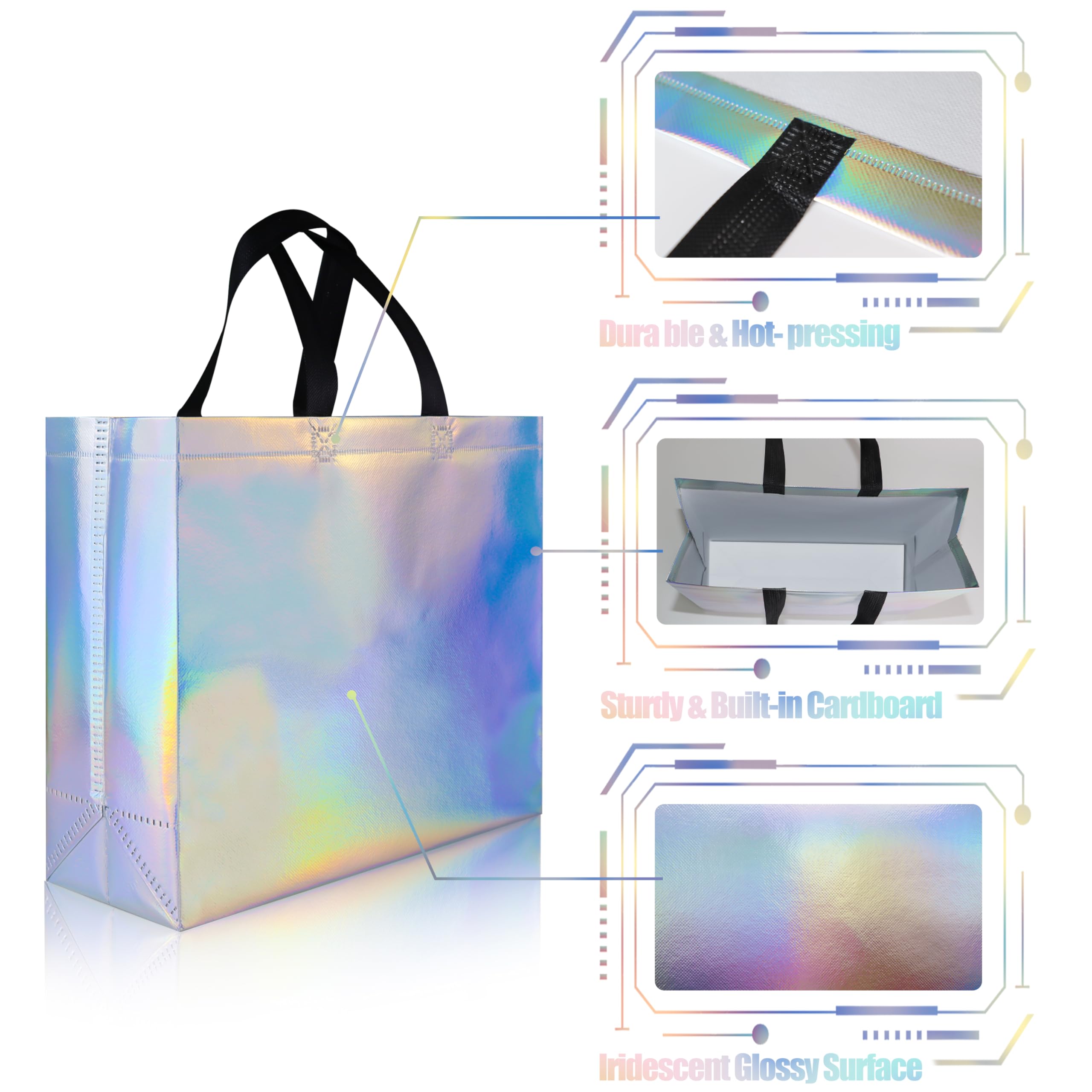 15 Pack Glossy Iridescent Reusable Gift Bags with Black Handles - 12.6x4.7x11 Inch Non-Woven Party Favor Bags with Sturdy Base - Perfect for Christmas, Birthday, Wedding, Easter & Holiday Celebrations - Great for Gift Wrapping, Party Favors & Special Occasions