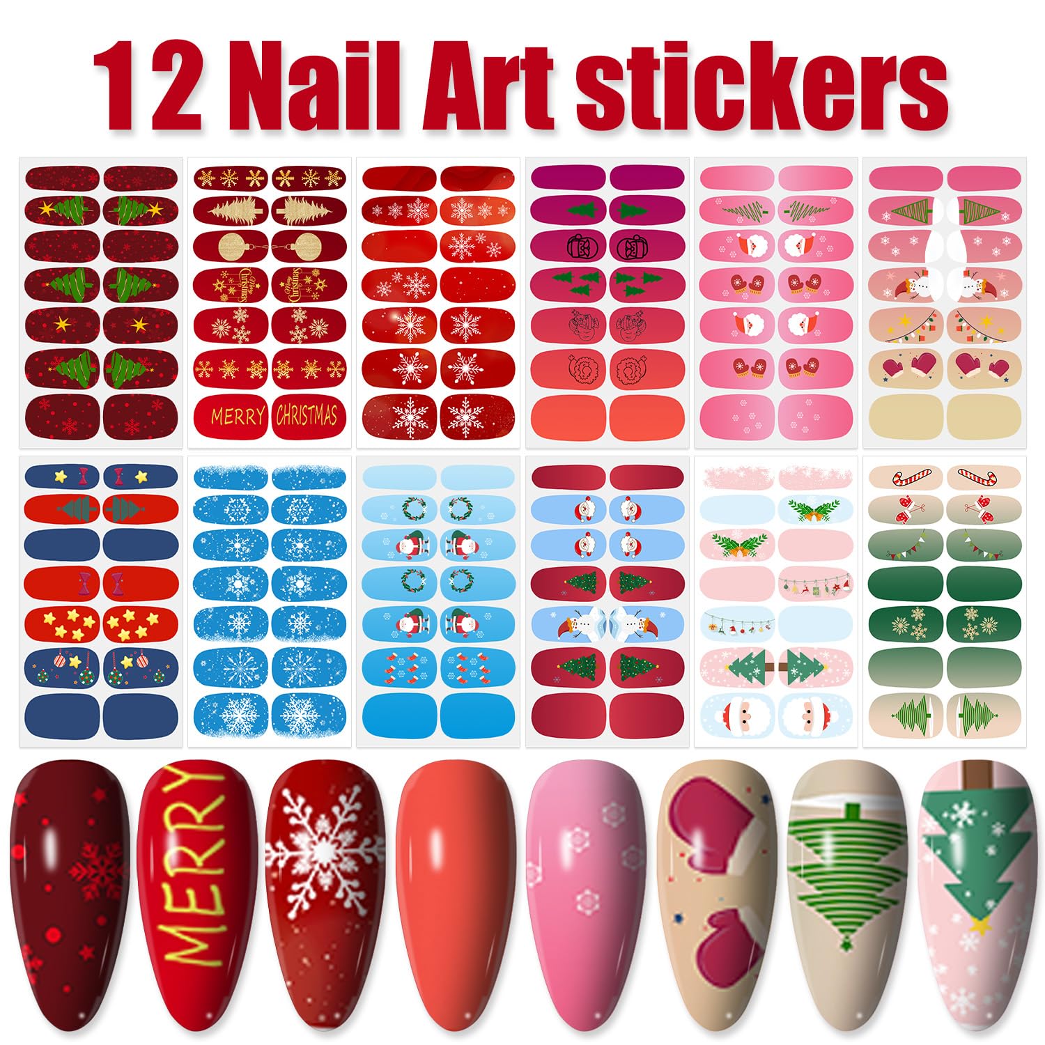 WOKOTO 12 Sheets Christmas Nail Stickers - Full Nail Wraps for Holiday Gel Nail Polish Strips (Santa, Christmas Tree, Snowflake Designs) - Perfect for Women & Girls Christmas Parties, Gift Exchanges & Festive Nail Art