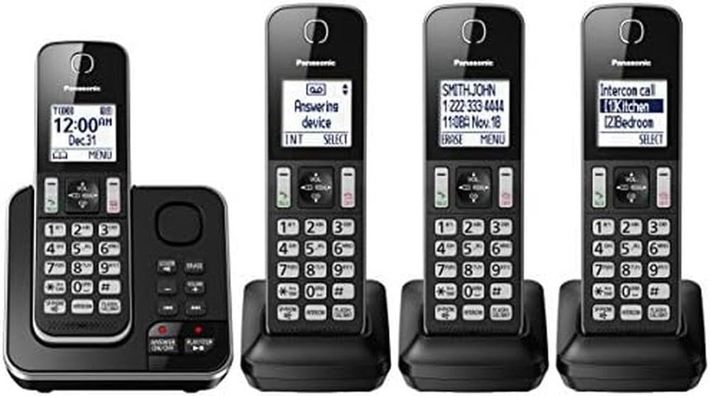 Panasonic KX-TGD394CB DECT 6.0 Expandable Cordless Phone System with Answering Machine, Call Block & 4 Handsets - Black - Ideal for Home & Office Communication