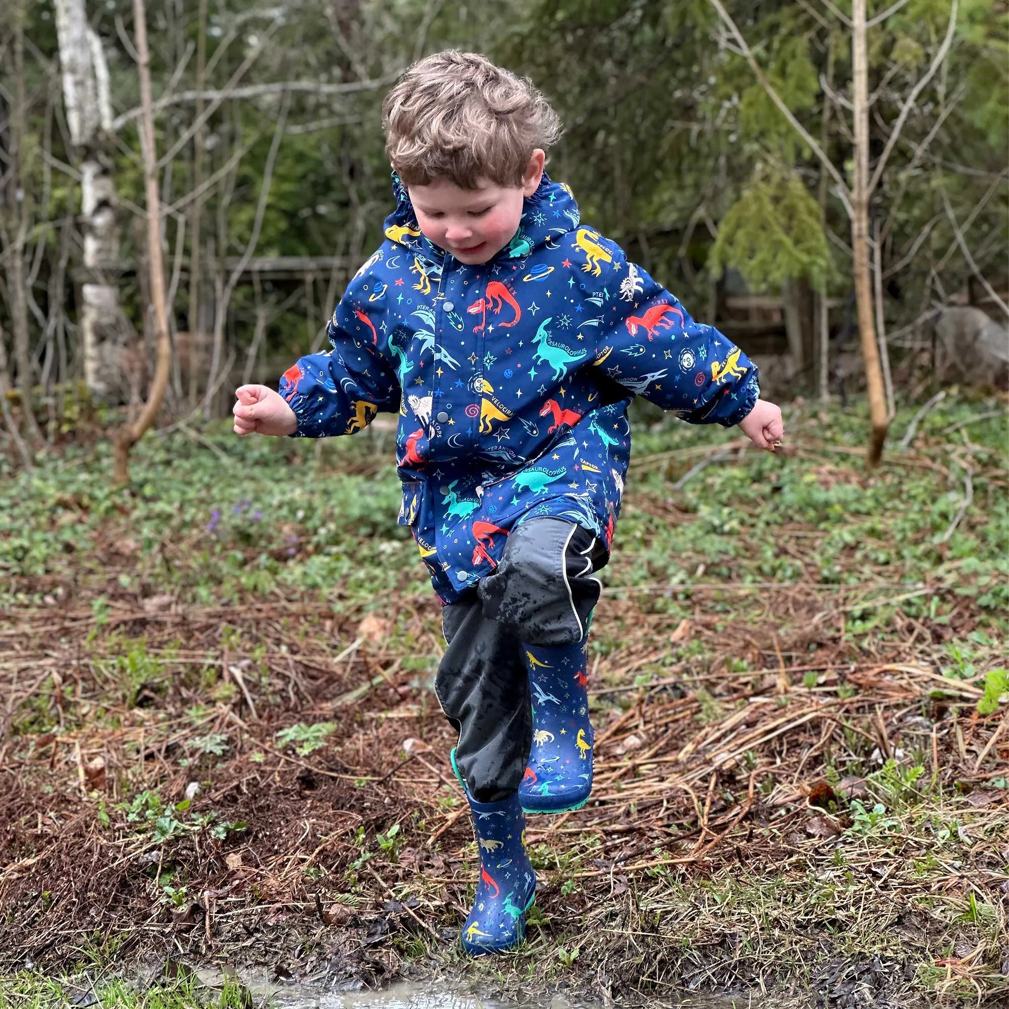 Jan & Jul Space Dino Kids Rain Boots - Waterproof Rubber Rain Shoes for Toddlers & Children - Perfect for Puddle Jumping, Outdoor Play & Rainy Day Adventures