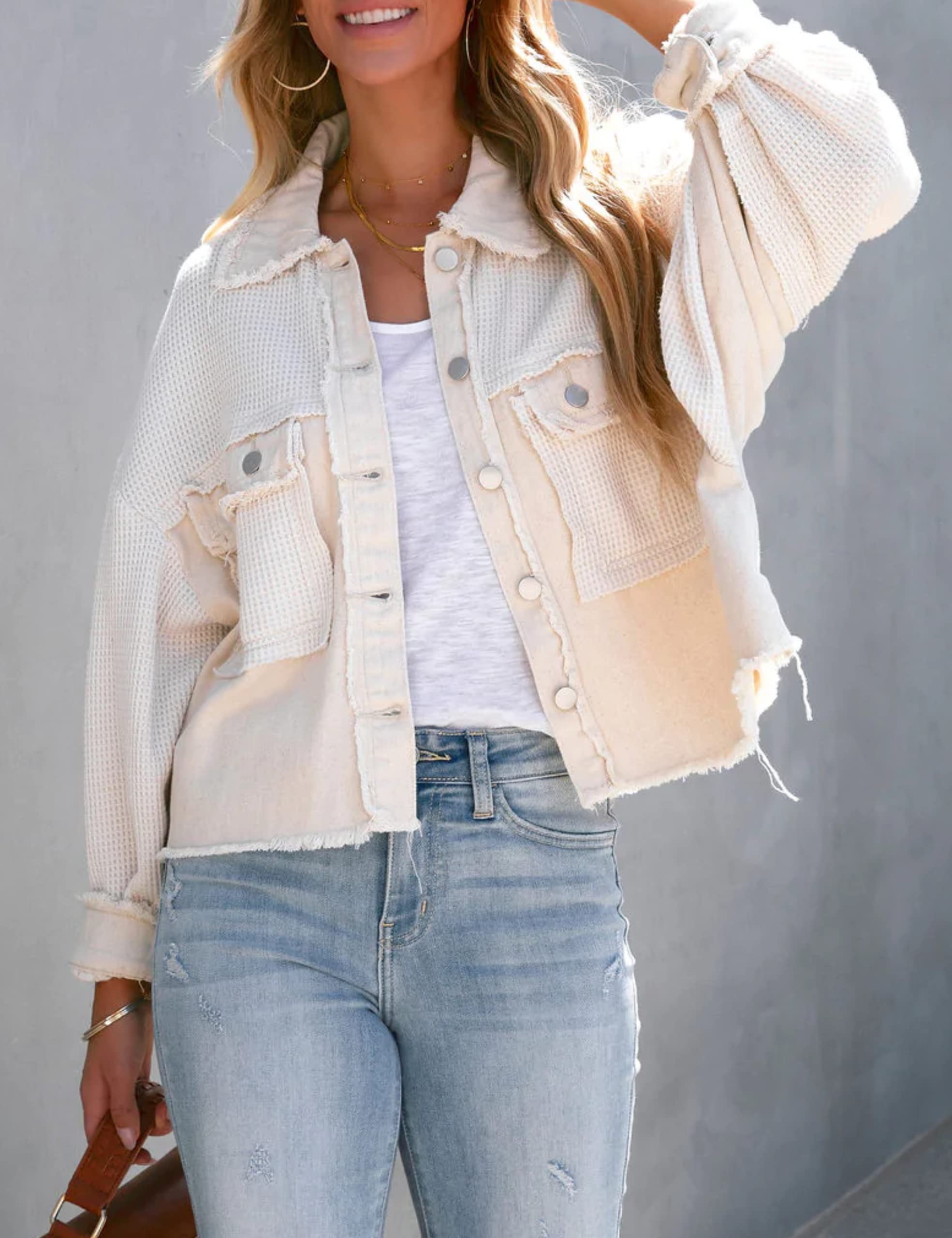 Women's Frayed Hem Waffle Knit Denim Jacket - Cropped Boyfriend Style Button Down Shirt Jacket with Spliced Design | Casual Outfits, Streetwear & Layering Essential