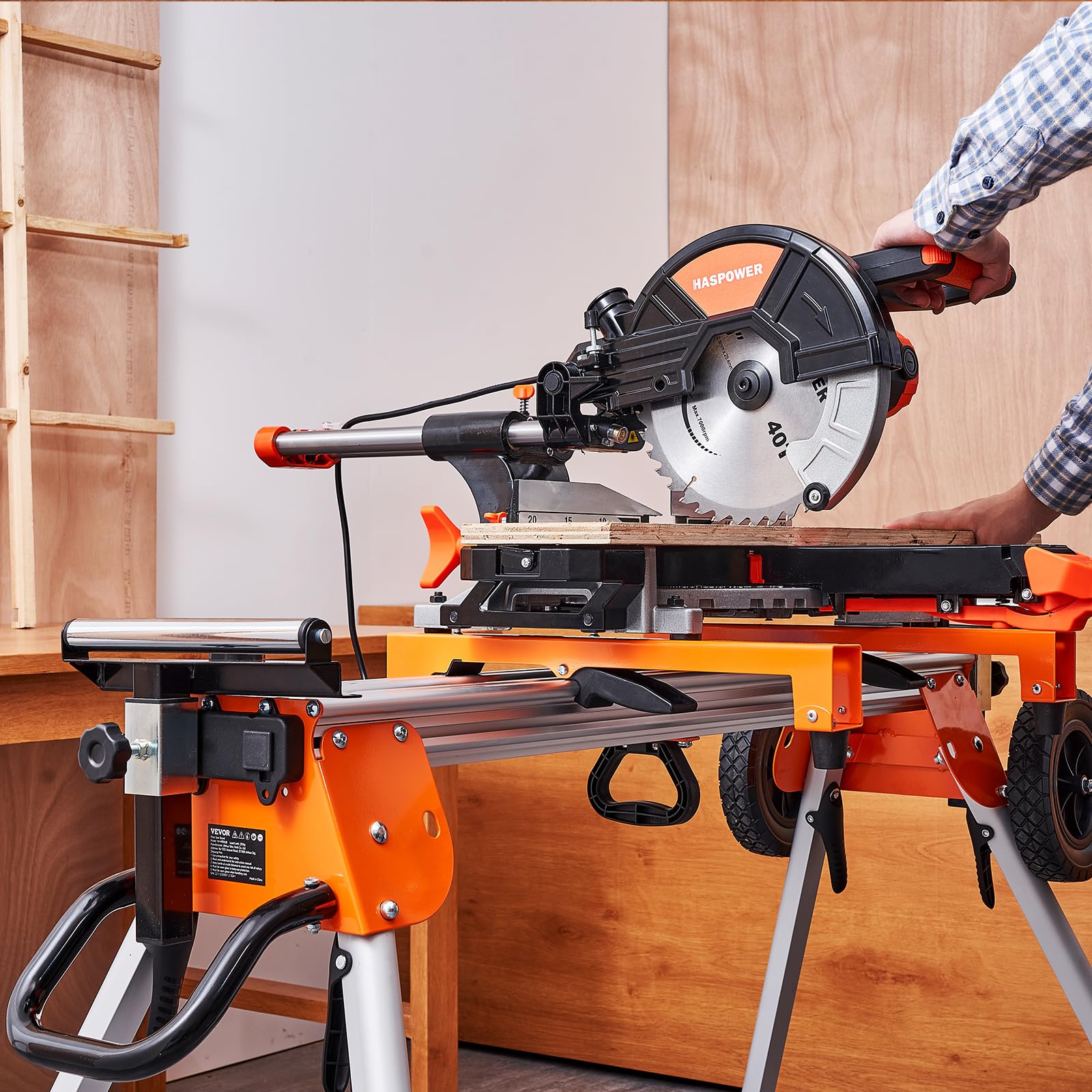 VEVOR 100-Inch Heavy Duty Folding Miter Saw Stand with Sliding Rail - Collapsible Rolling Stand with One-Piece Mounting Brackets, Clamps & Rollers - 500lbs Capacity - Perfect for Woodworking, Construction Sites & DIY Projects