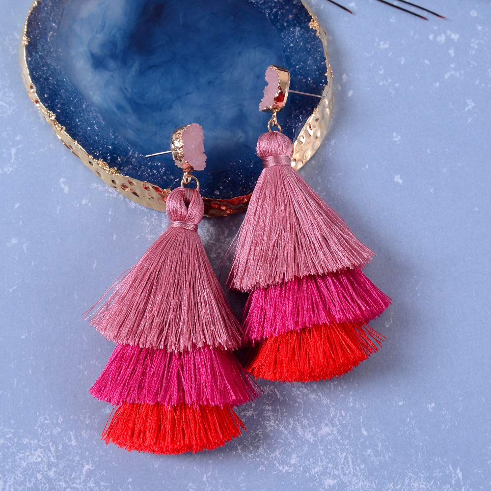Bohemian Layered Tassel Dangle Earrings - Acrylic Rose Petal Drop Earrings for Women | Holiday Party, Festival, Costume Jewelry Gift | Perfect for Weddings, Date Nights & Special Occasions