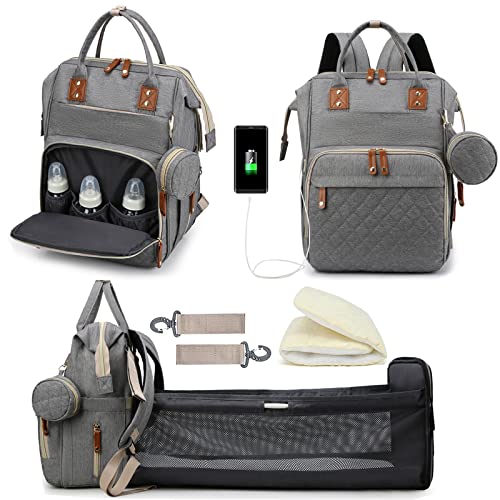 **Large Baby Diaper Backpack with Changing Station & USB Port - 3-in-1 Multifunctional Diaper Bag for Boys & Girls - Perfect Baby Shower Gift & Registry Essential for New Moms (Gray) - Ideal for Travel, Outings & Daily Baby Care**