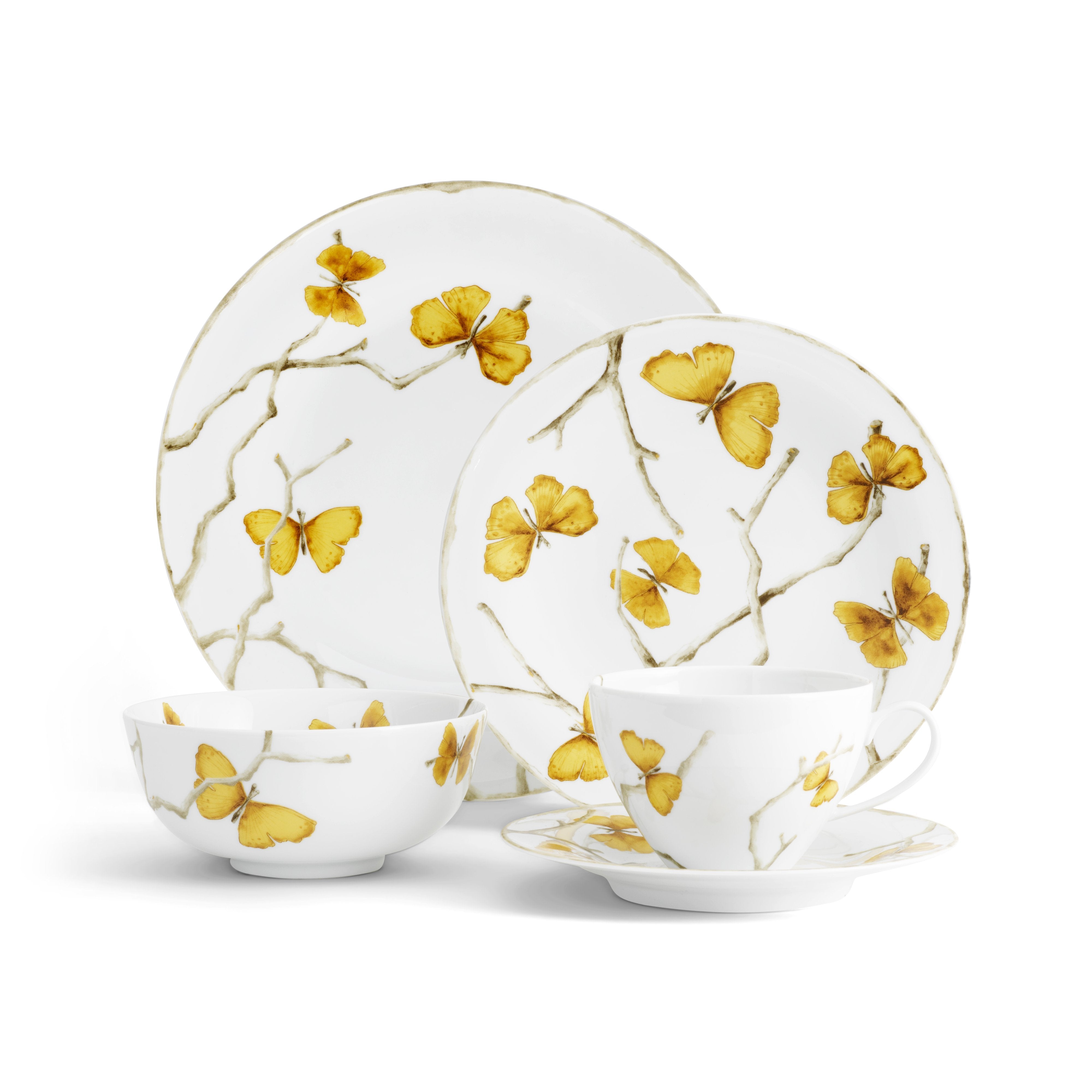 Butterfly Ginkgo Gold Dinnerware Set - Elegant Porcelain Plates, Bowls & Cups for Fine Dining, Wedding, and Special Occasions