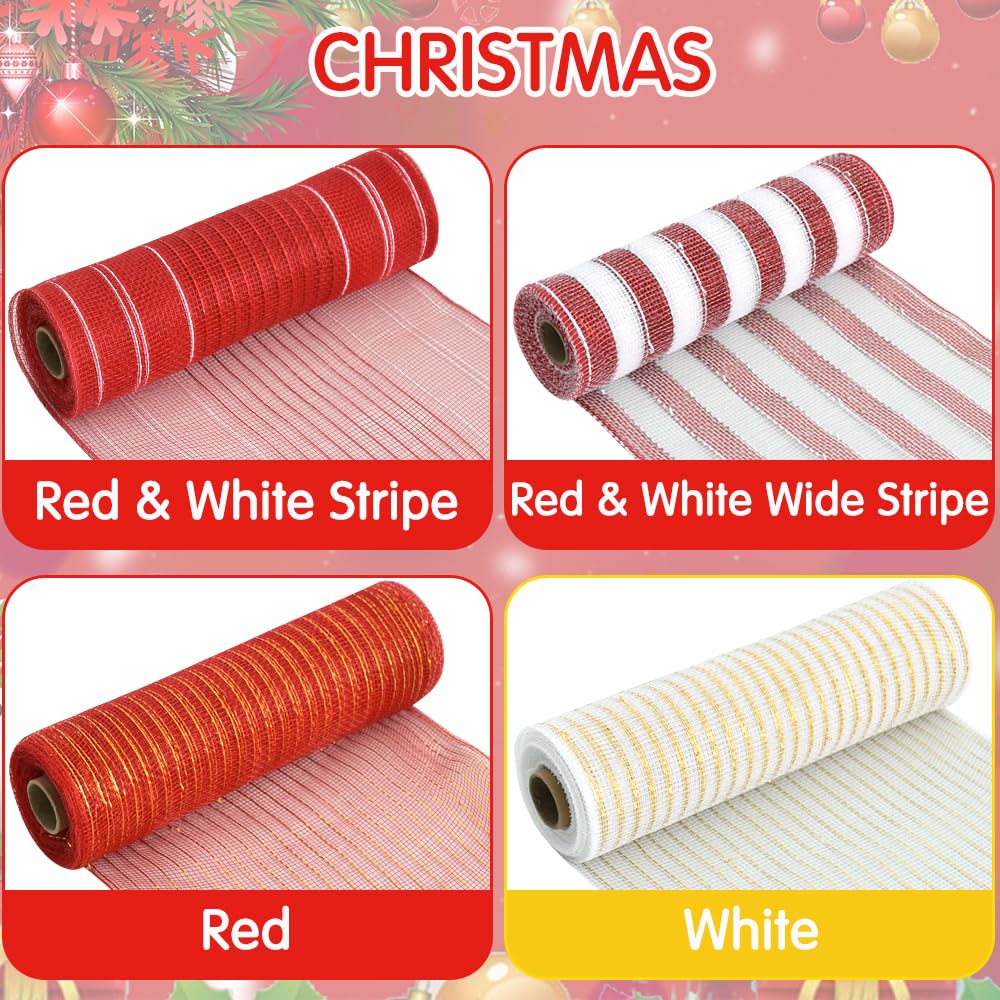 TONIFUL 4 Rolls 10 Inch Red and White Decorative Mesh Ribbon - 30ft per Roll (120ft Total) for Wreath Making, Front Door Decor, Christmas Tree, New Year, Valentine's Day, Halloween Crafts, Party & Gift Wrapping