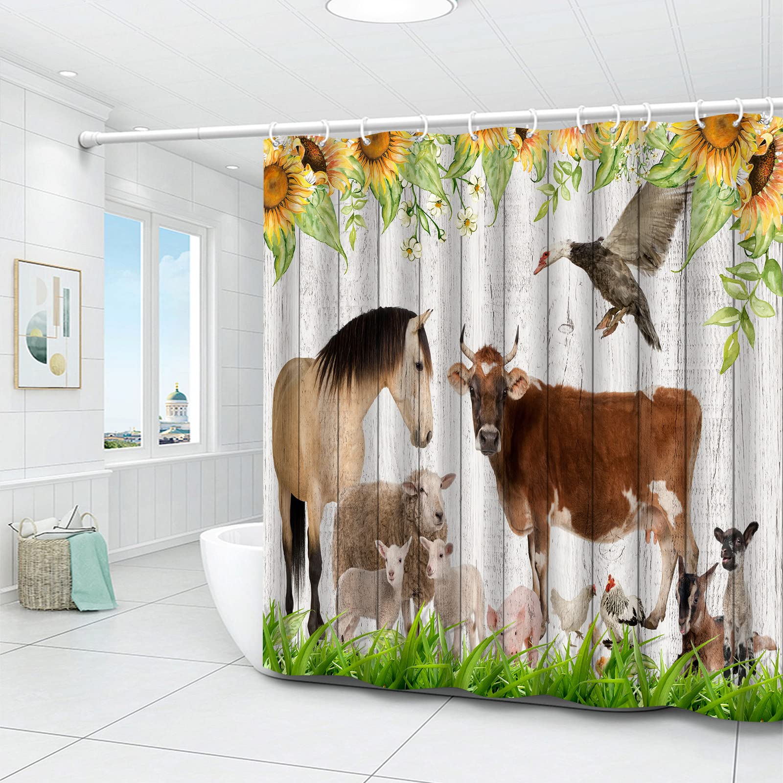 Farm Animal Shower Curtain Set - Sunflower, Cow, Horse, Sheep & Duck Design on Green Grass & Wooden Planks Farmhouse Background - 70x70 Inch Bathroom Hanging Cloth with Hooks - Perfect for Farmhouse, Country, or Rustic Bathroom Decor