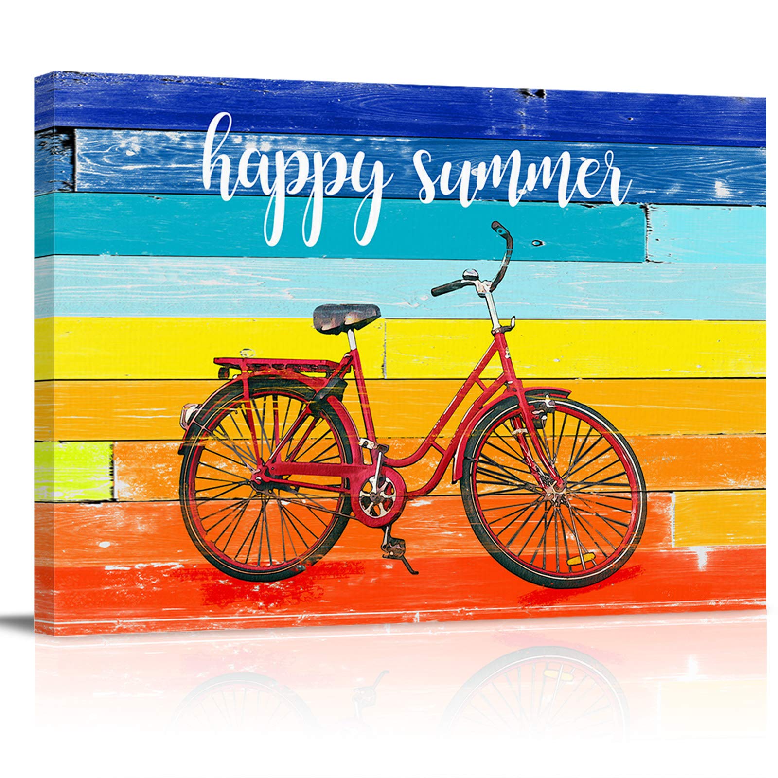 20x28 Inch Summer Beach Print Canvas Wall Art - Wooden Framed Bicycle Retro Rainbow Wood Grain Picture for Kitchen, Bedroom, Living Room & Bathroom Decor | Perfect for Coastal, Boho & Vintage Home Styling