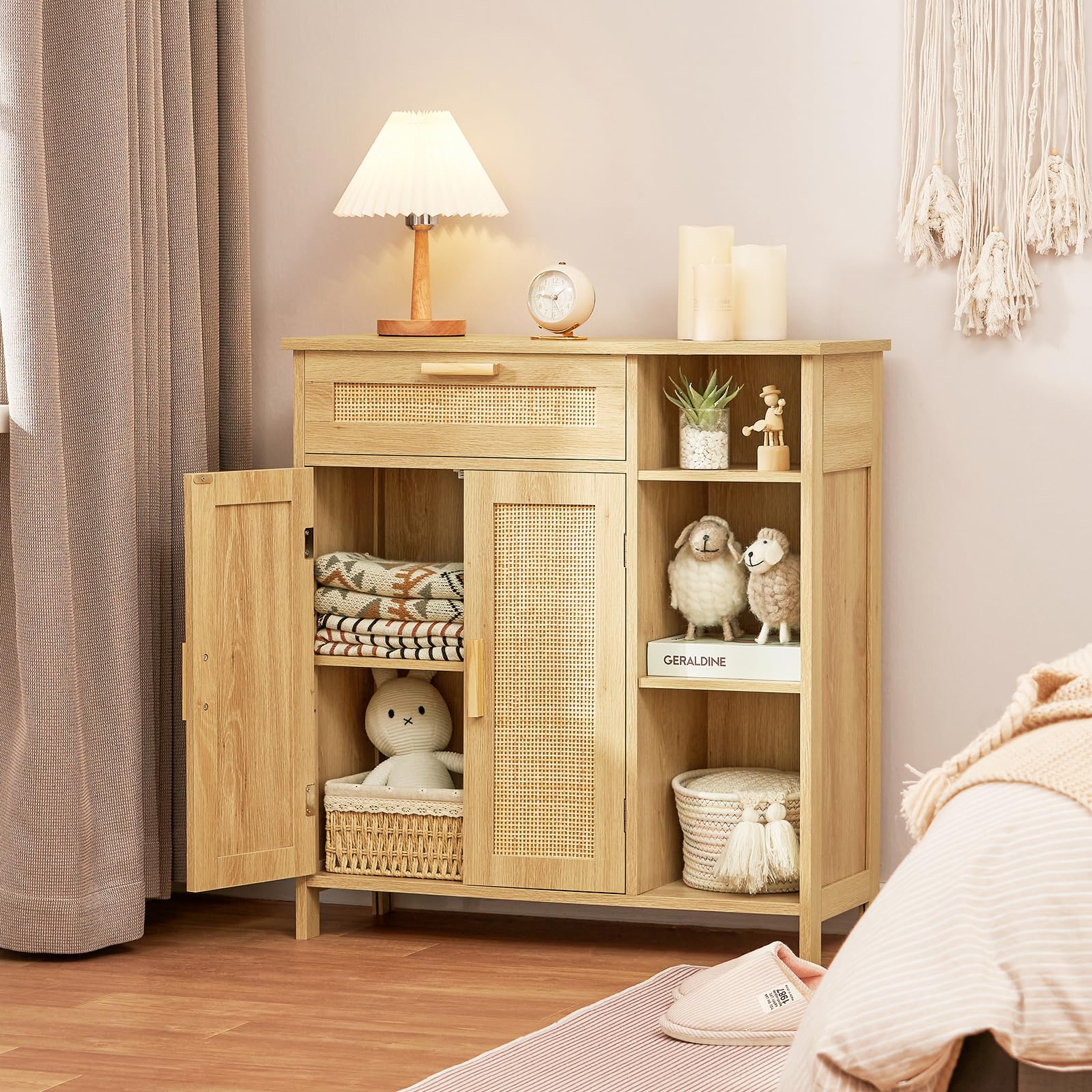 Rattan Storage Cabinet with Drawer & Adjustable Shelves - Natural Weave Sideboard Buffet for Living Room, Entryway, Dining Room - Perfect for Home Organization and Stylish Storage Solutions