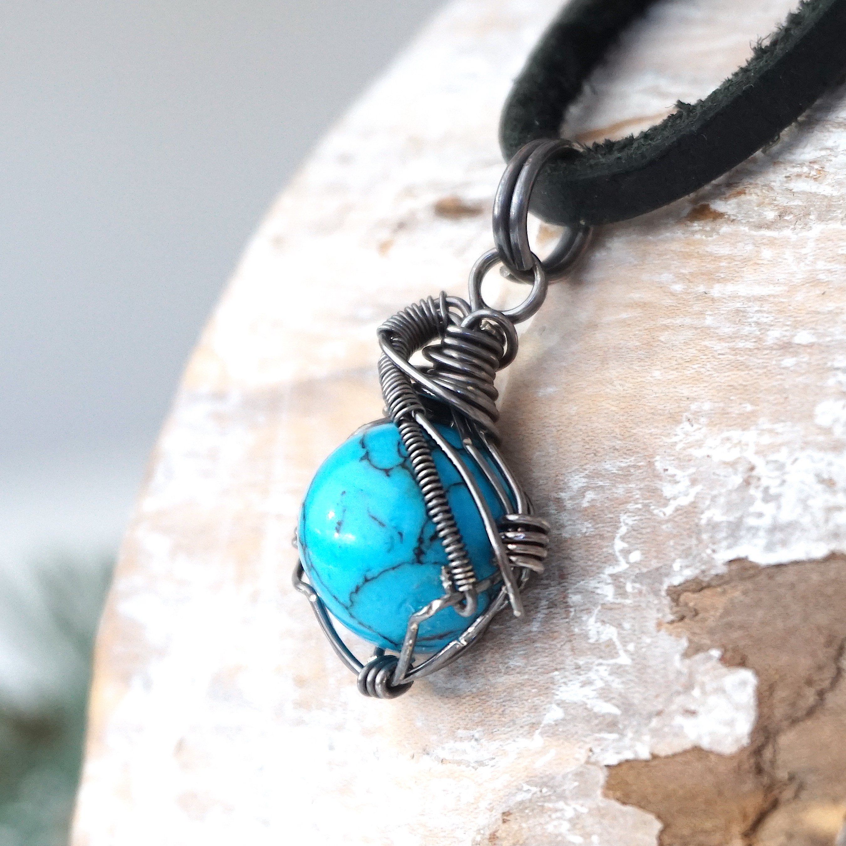 Turquoise Charm Necklace - Antiqued Sterling Silver Pendant with Black Leather Cord - Perfect for Boho Jewelry, Casual Wear & Gift Giving