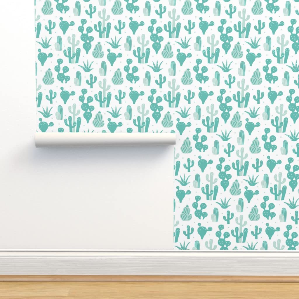 12ft x 2ft Removable Peel & Stick Wallpaper - Cactus Garden Succulent Plants Design | Scandinavian Style Mint Green Gender Neutral Nursery Decor | Perfect for Kids Room, Dorm, Office & Home Decor