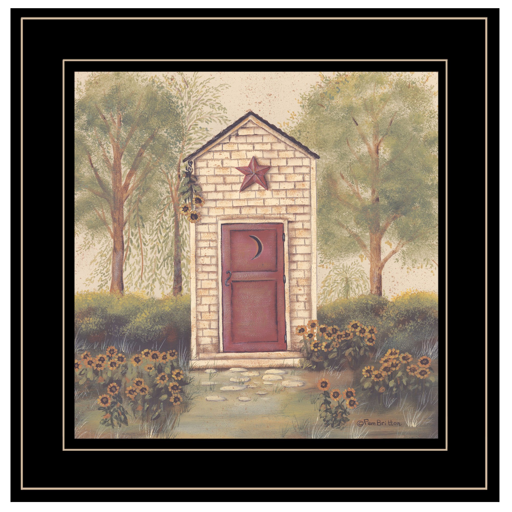 Pam Britton Folk Art Outhouse III Framed Wall Print - Rustic Home Decor for Living Room & Bedroom - Black Wood Frame - Perfect for Cabin, Farmhouse or Country Style Interior Design