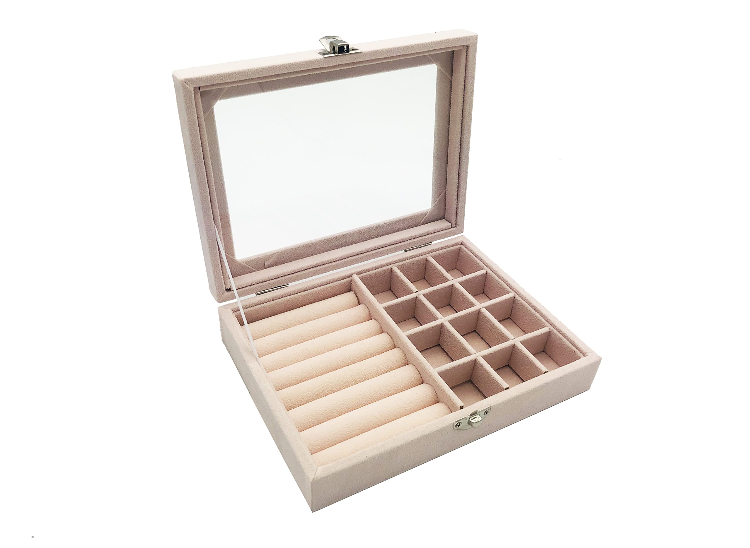 Elegant Velvet Jewelry Box with Clear Glass Lid - Premium Jewelry Organizer for Women & Girls - Perfect for Rings, Necklaces & Earrings - Ideal for Travel, Gifting & Home Storage (Beige)