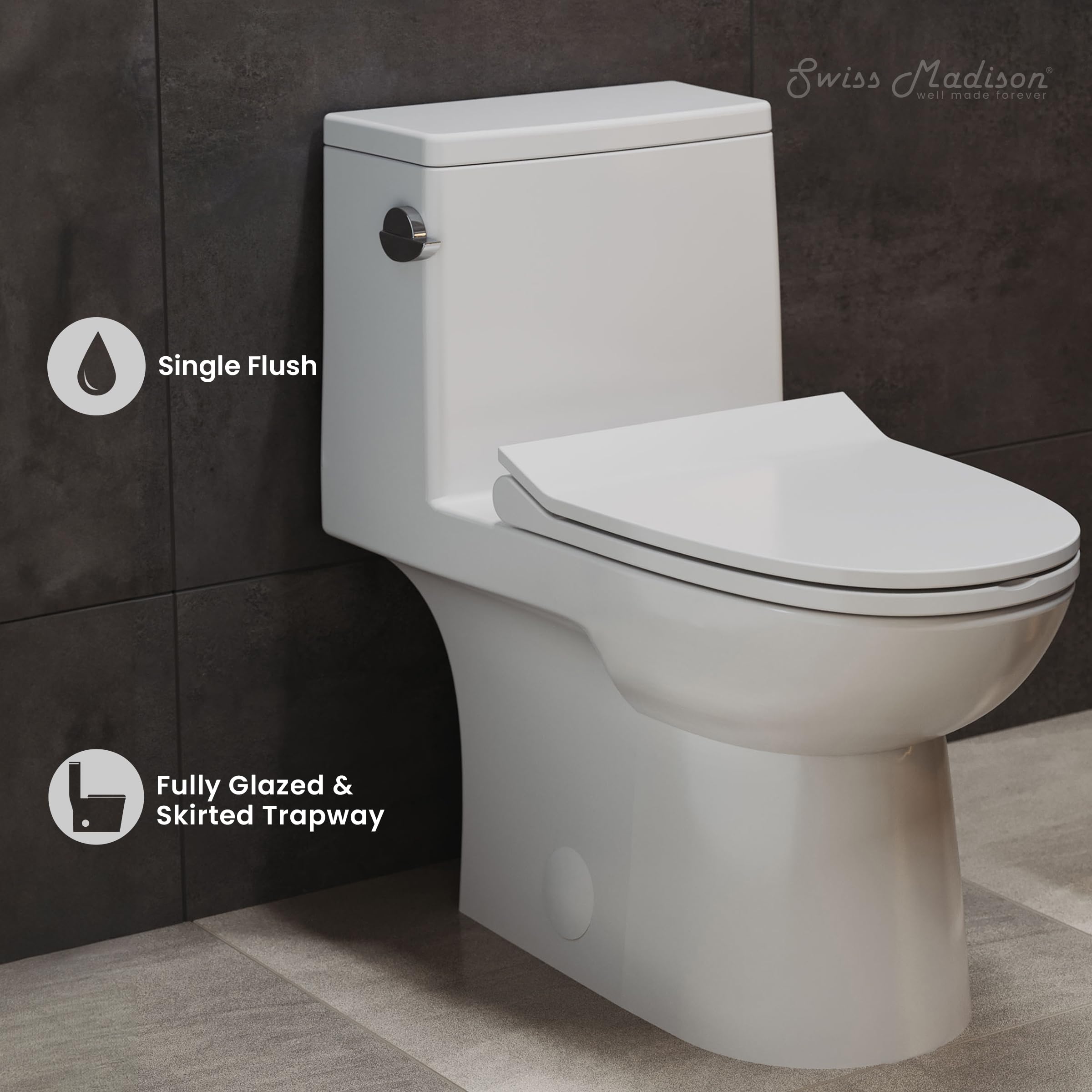 Swiss Madison SM-1T125 Daxton One Piece Elongated Toilet 1.28 GPF - Water Efficient Modern Bathroom Toilet for Home & Commercial Use