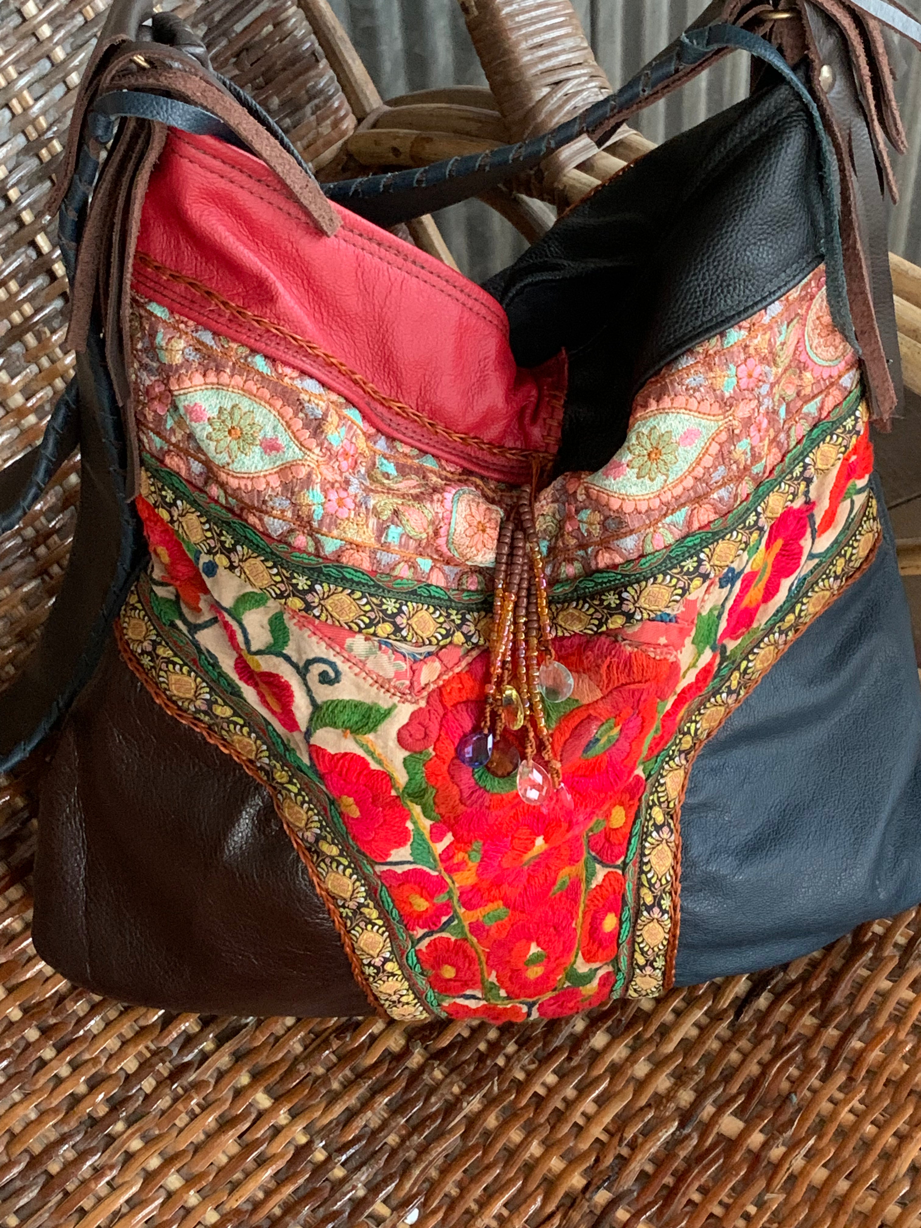 Chiang Mai Tribal Embroidery Leather Patchwork Handbag - Vintage Boho Crossbody Bag for Women - Perfect for Travel, Festivals & Everyday Use