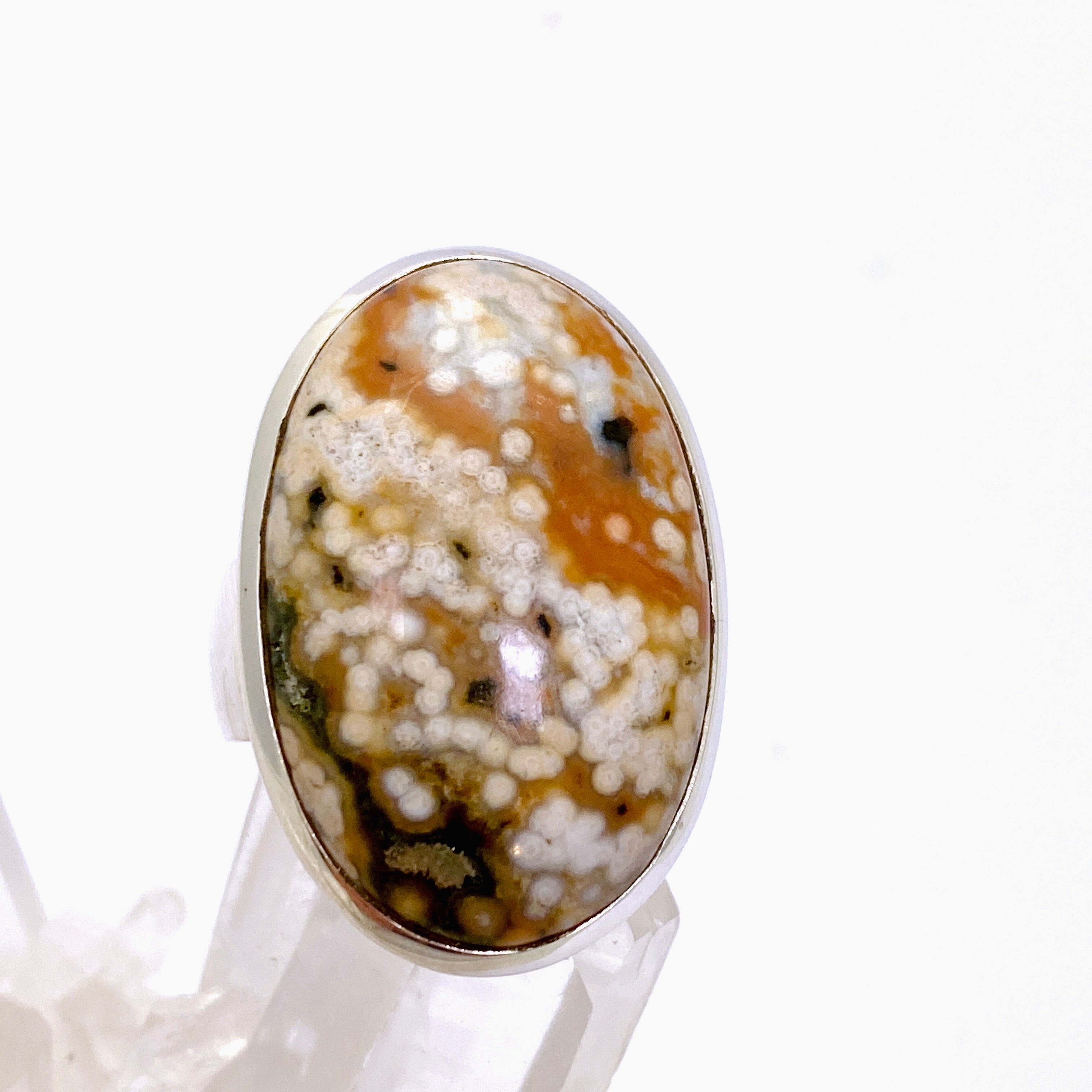 Ocean Jasper Oval Cabochon Ring - Size 8.5 - Natural Stone Jewelry - Handmade Silver Ring - Perfect for Boho Style & Spiritual Healing - Gift for Women & Crystal Lovers