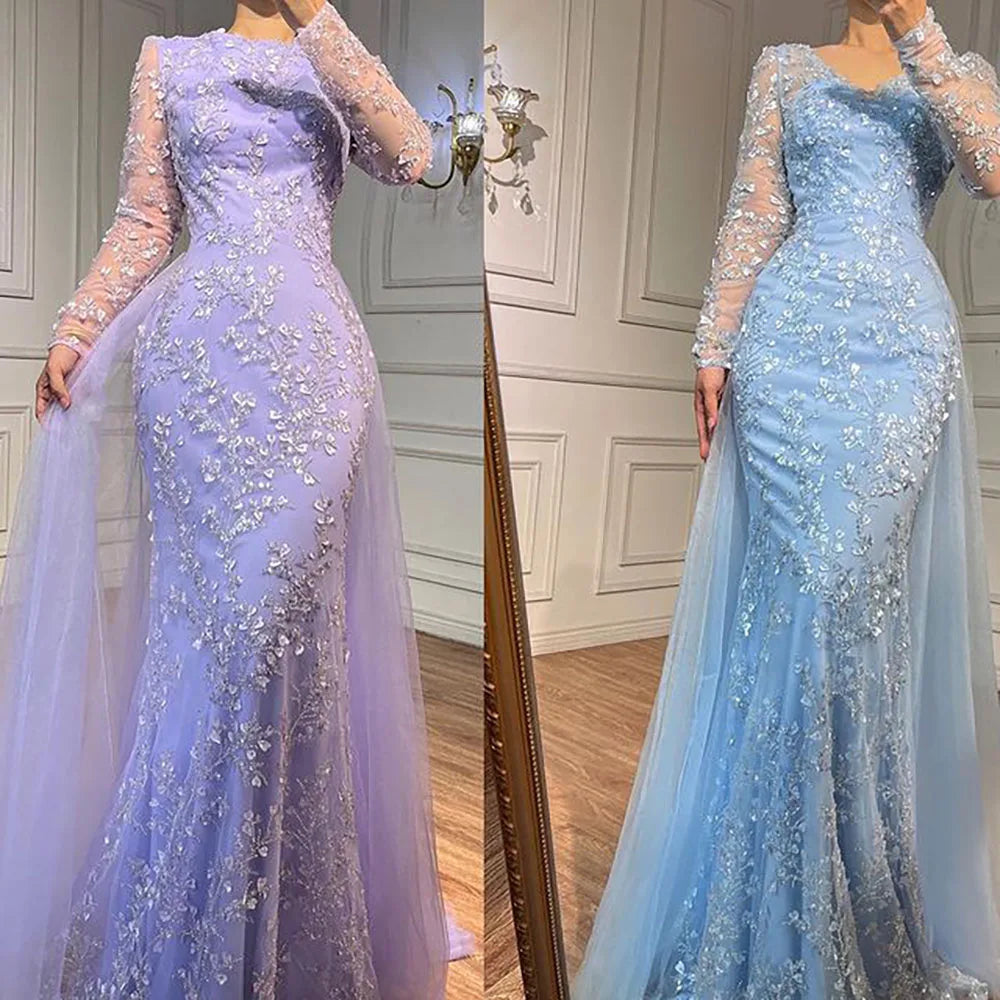Elegant Blue Mermaid Evening Dress with Beaded Train - Luxury Arabic Wedding Gown for Women - Perfect for 2025 Bridal Party & Formal Events - Serene Hill Collection LA71851