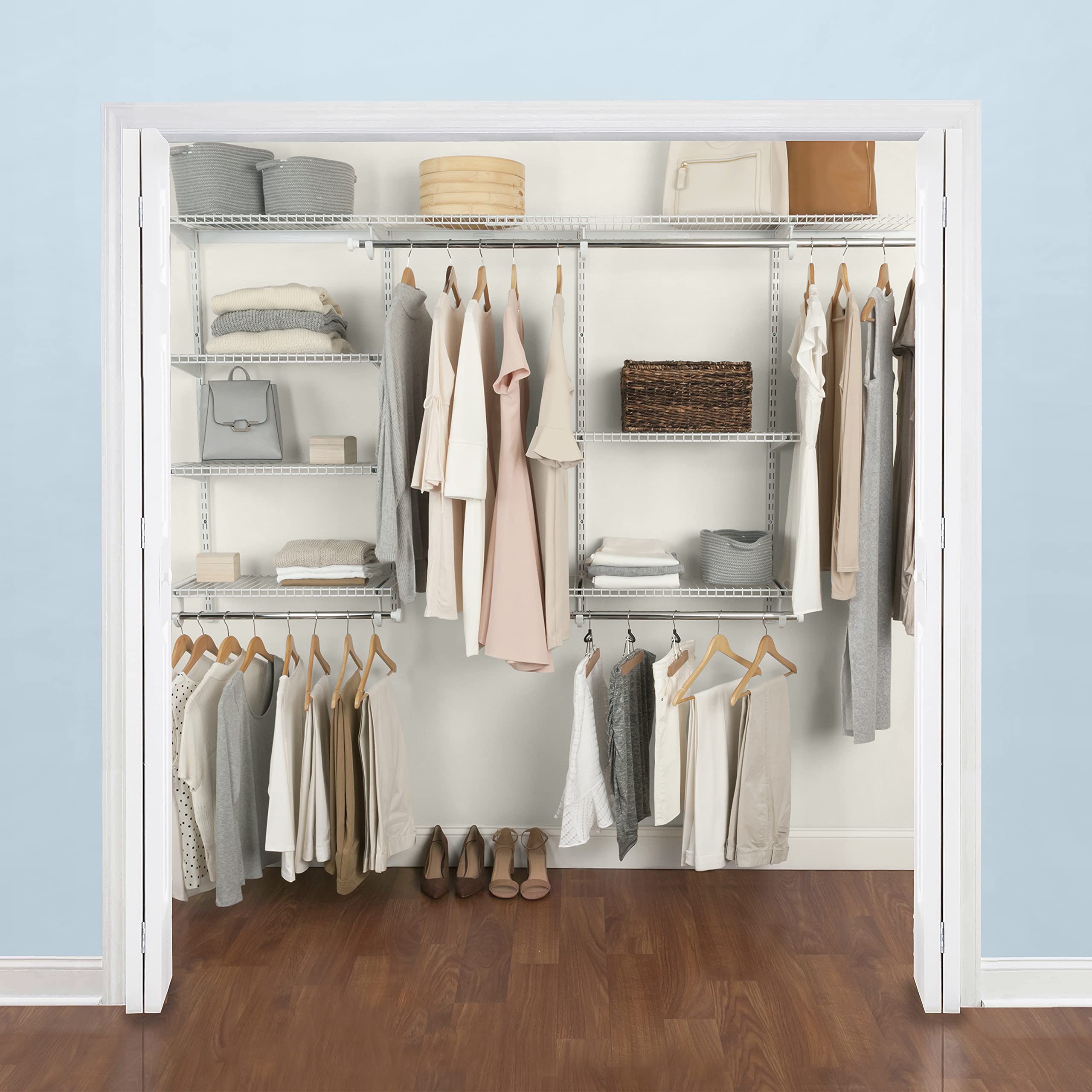 Rubbermaid White Expandable Closet Organizer Kit with Adjustable Shelves & Telescoping Rods - Perfect for Bedroom, Closet & Home Storage Organization