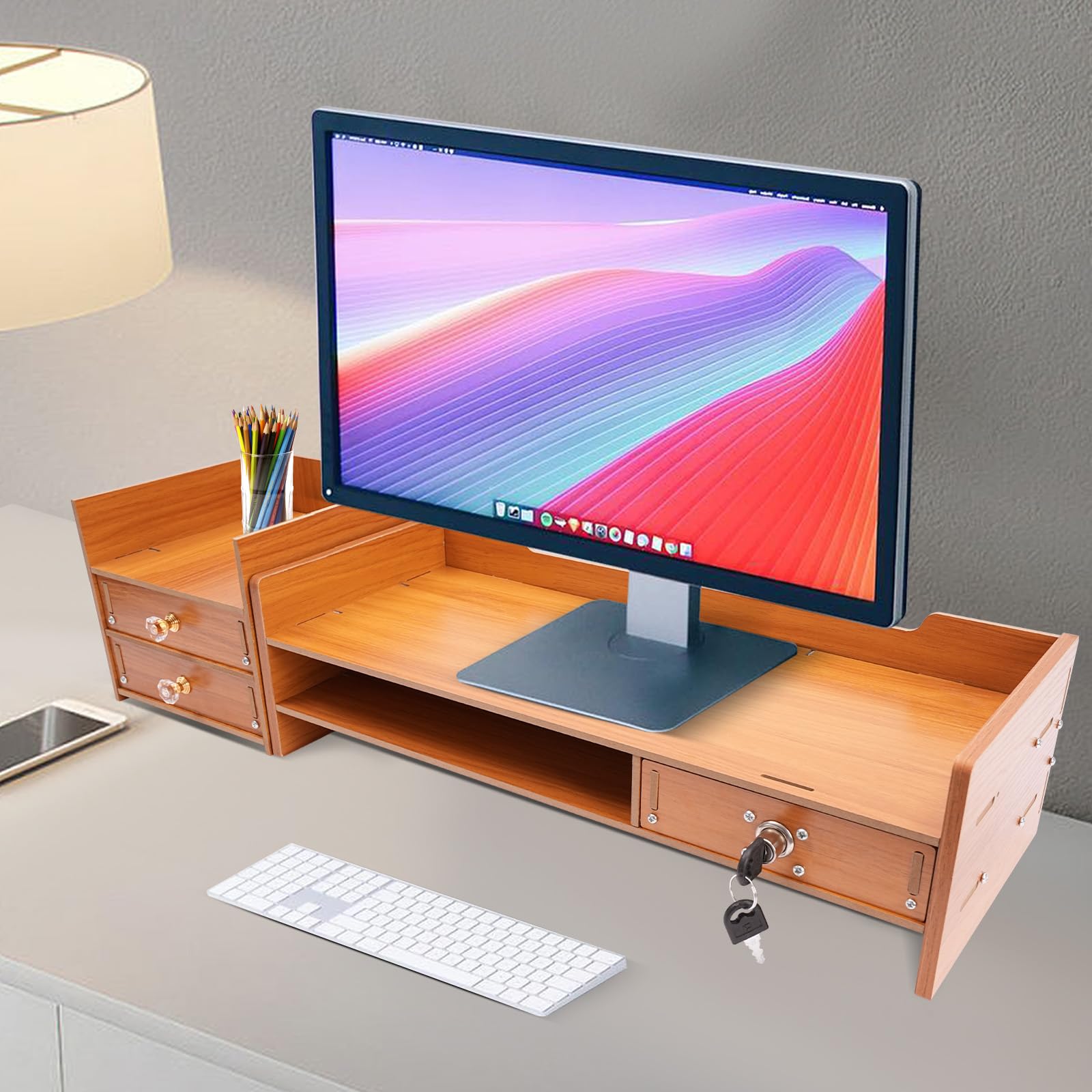 Adjustable Wood Monitor Stand Riser with Storage Drawer - Desktop Organizer for Computer, Laptop, Printer & Phone - Perfect for Home Office & Workspace Organization