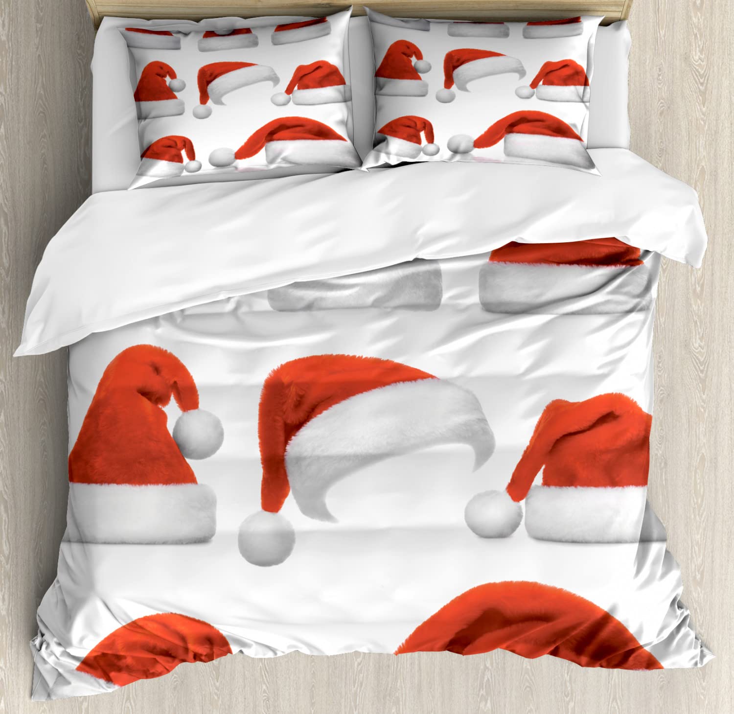 Ambesonne Christmas Duvet Cover Set - Classic Santa Claus Hat Holiday Bedding for Xmas & New Year (2 Duvet Covers + 4 Pillowcases, 2-Pack California King Size, Red/White) - Perfect for Festive Bedroom Decor & Holiday Party Themes